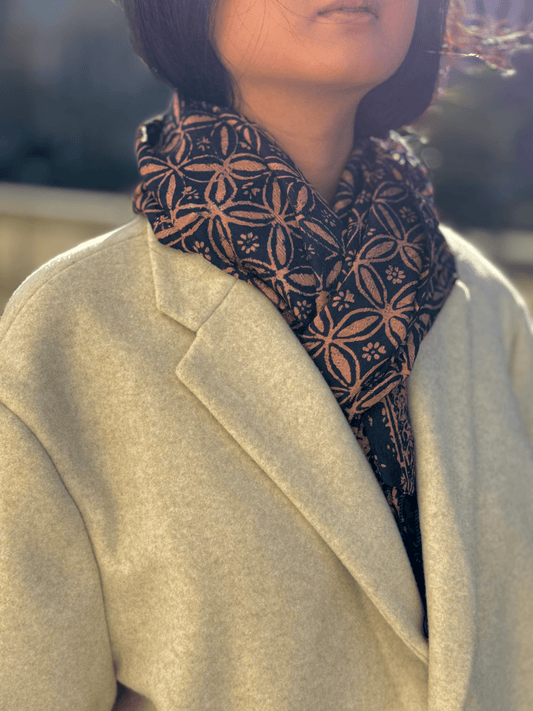 Black Soft Silk-like Lightweight Viscose Stamped Batik Classic Style Scarf - Mutiara Heritage