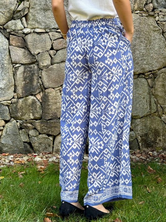 Back Shot of Blue Geometric Boho Wide Legged Pants - Mutiara Heritage