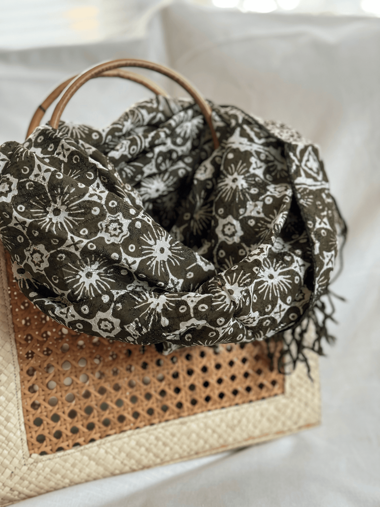 Styled Shot of Green Viscose Batik Scarf with Flower Pattern - Mutiara Heritage