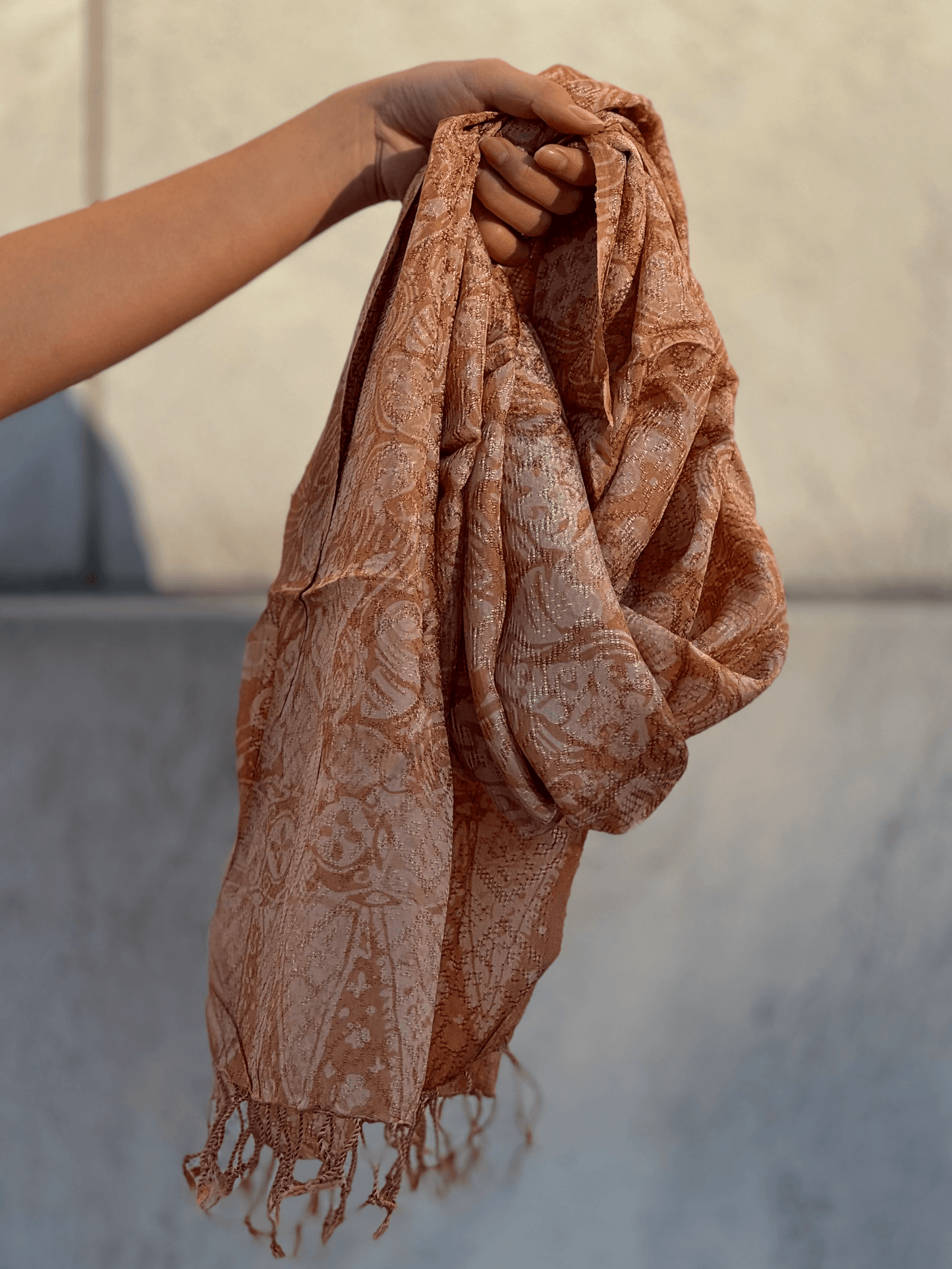 Styled Shot of Light Orange Viscose Batik Scarf - Mutiara Heritage