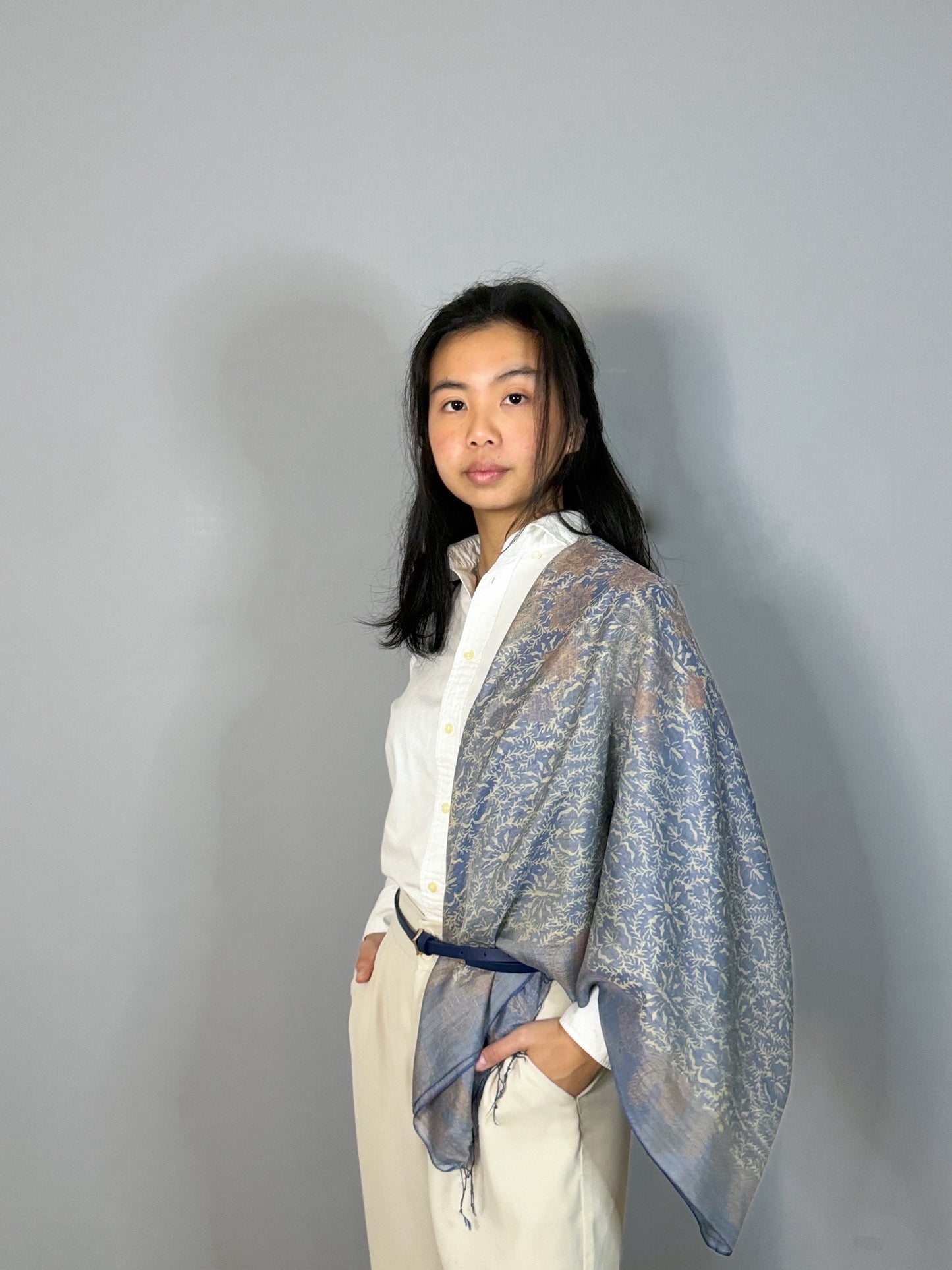 100% Blue Silk Taffeta Scarf Worn| Mutiara Heritage