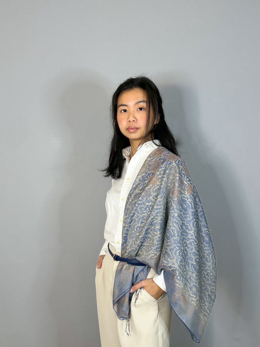 100% Blue Silk Taffeta Scarf Worn| Mutiara Heritage