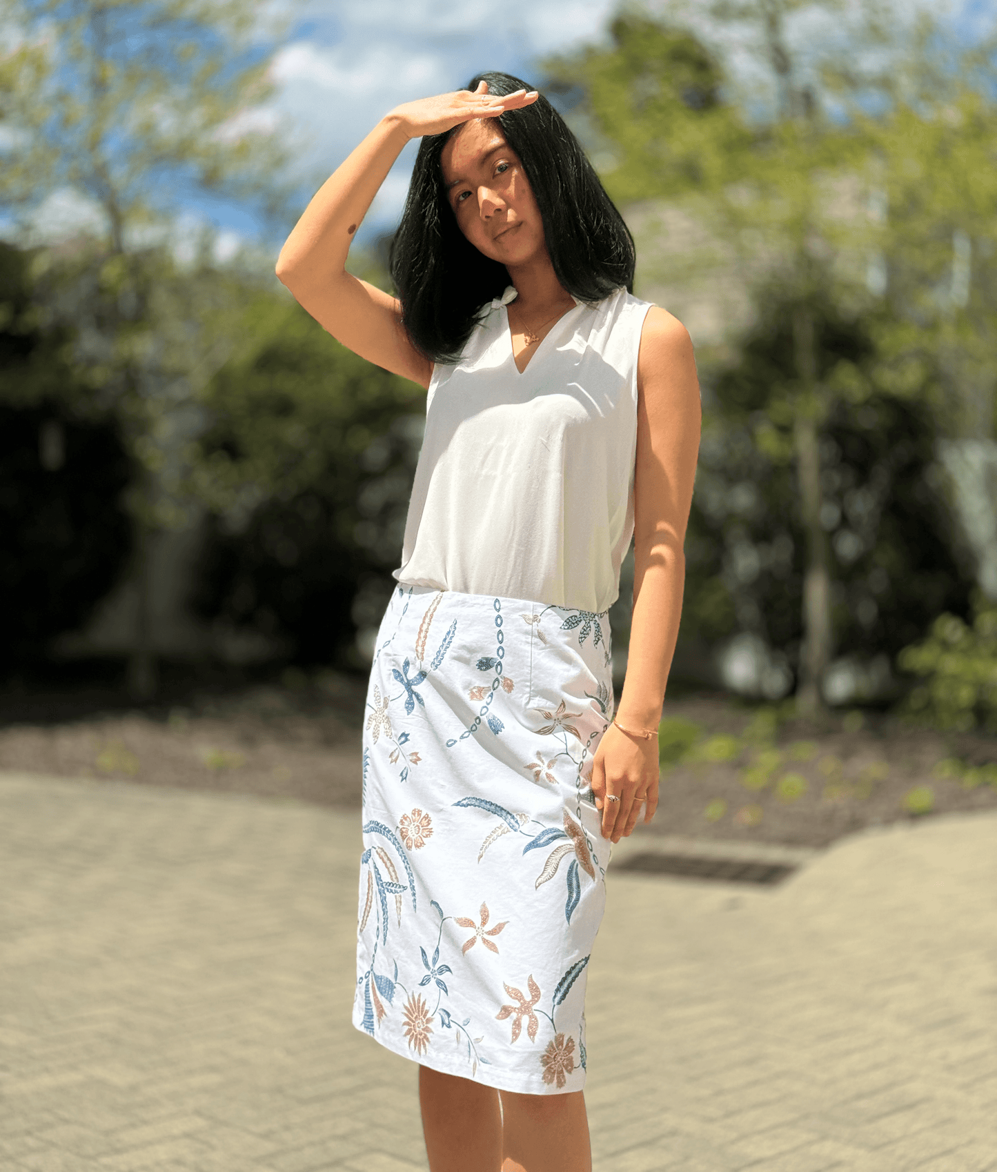 Amaya White Pencil Skirt with Blue and Brown Flower Pattern - Mutiara Heritage