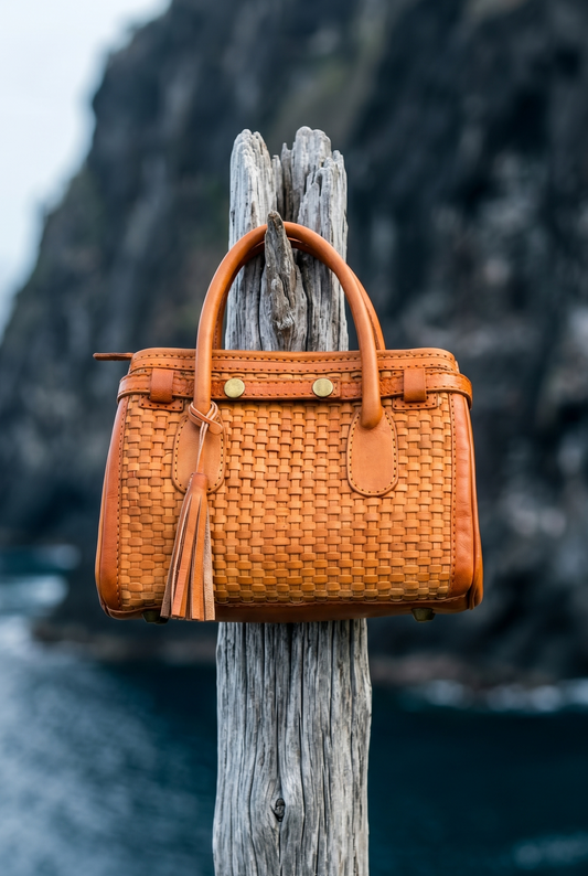 Woven Leather Bag hung by it's handle on a piece of driftwood.