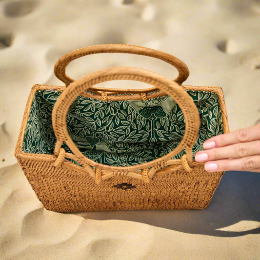 Rinterior view of the attan Ata Vine Bag with batik lining