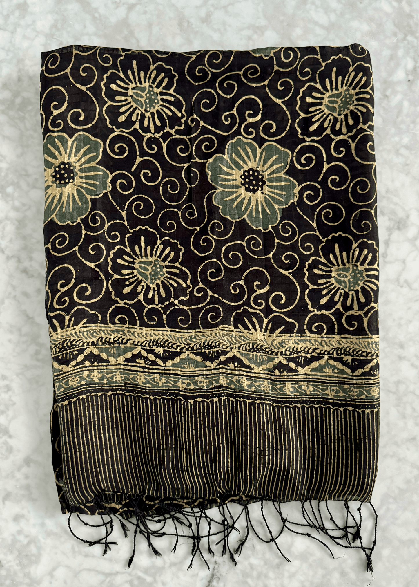 Black Batik Medium Silk Chiffon Scarf Flat Shot | Mutiara Heritage