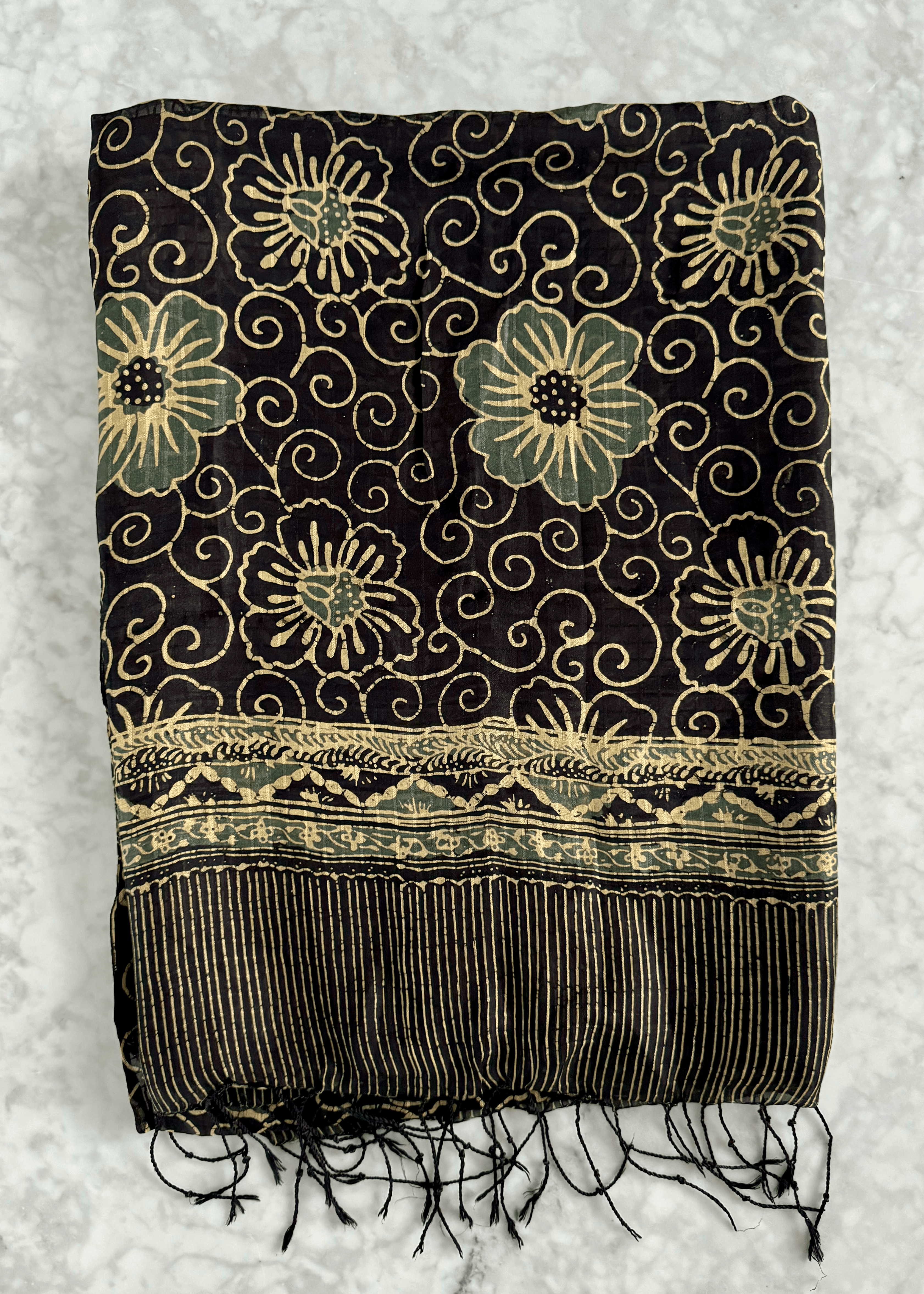 Black Batik Medium Silk Chiffon Scarf Flat Shot | Mutiara Heritage