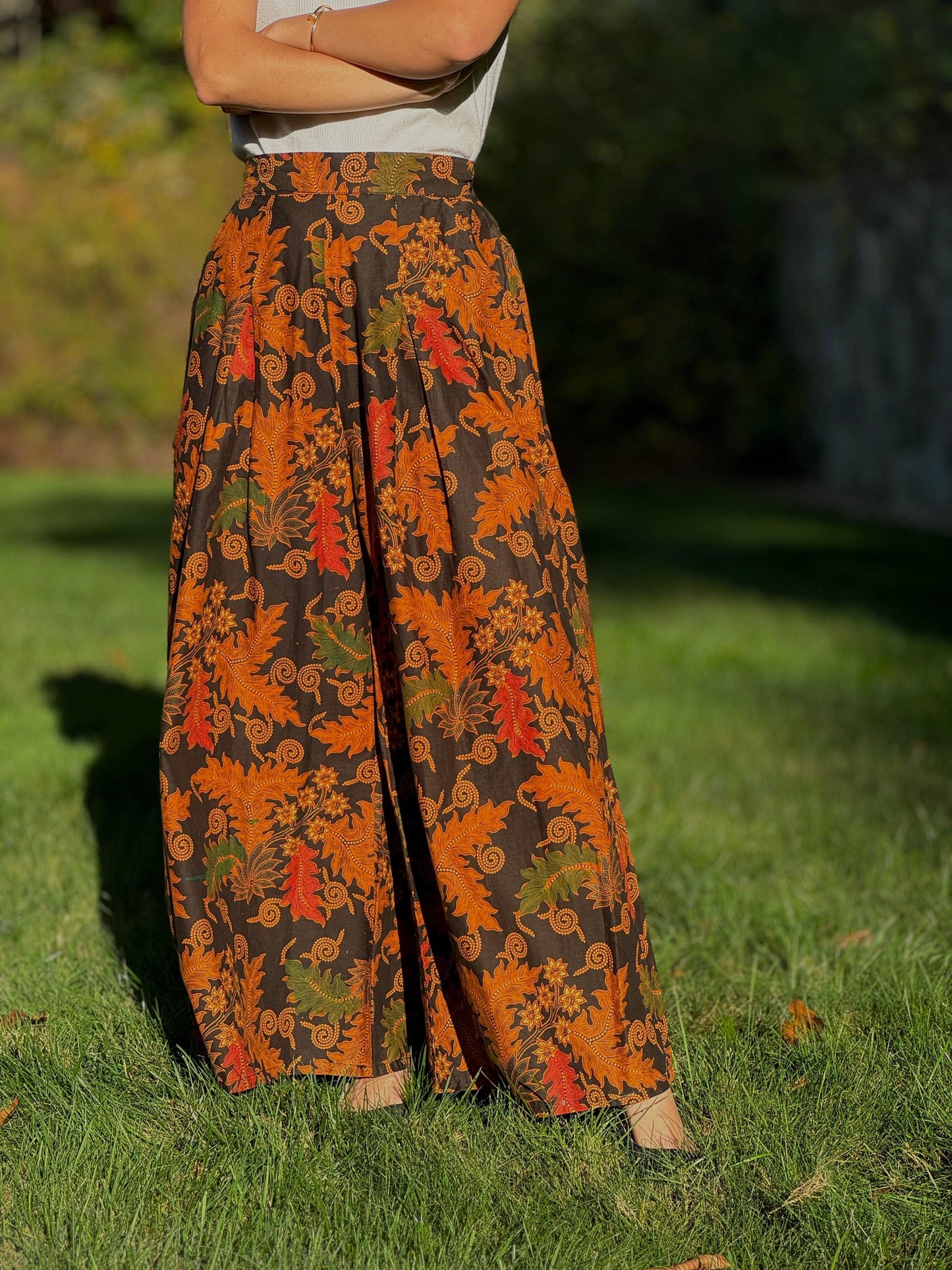 Black Culotte Batik Pants with Orange Leaves Pattern - Mutiara Heritage