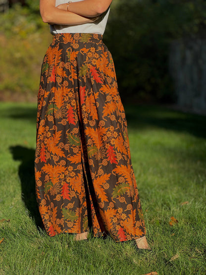 Black Culotte Batik Pants with Orange Leaves Pattern - Mutiara Heritage