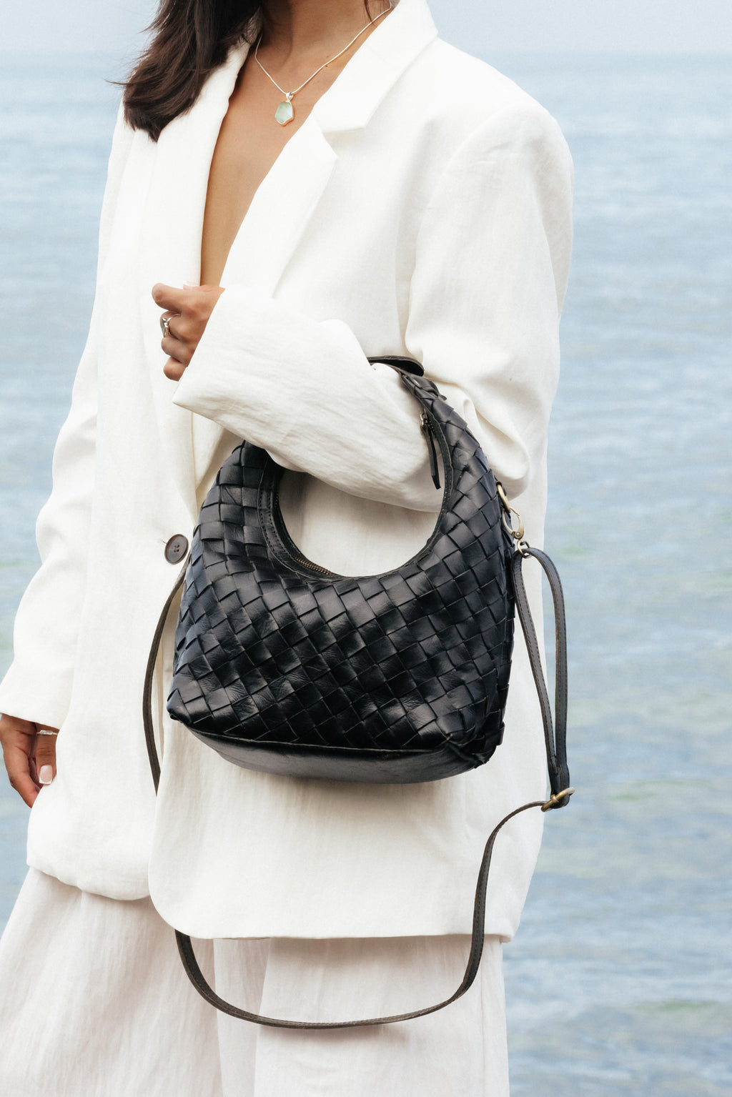 Focused, close up shot of the black Alea bag by Mutiara Heritage