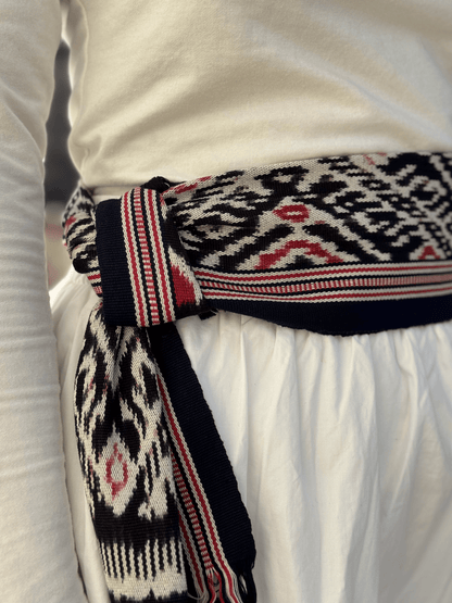 Black and White Tenun Scarf Worn as Belt | Mutiara Heritage