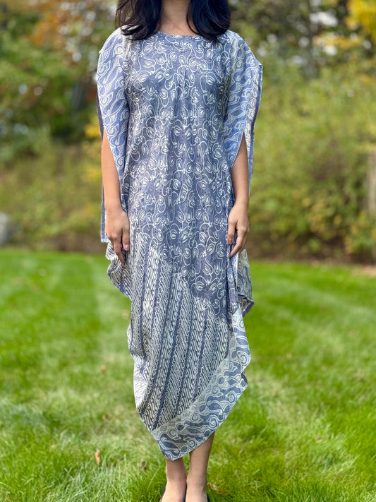 Light Blue Asymmetrical Viscose Caftan Tunic Dress Cover Up Front- Mutiara Heritage
