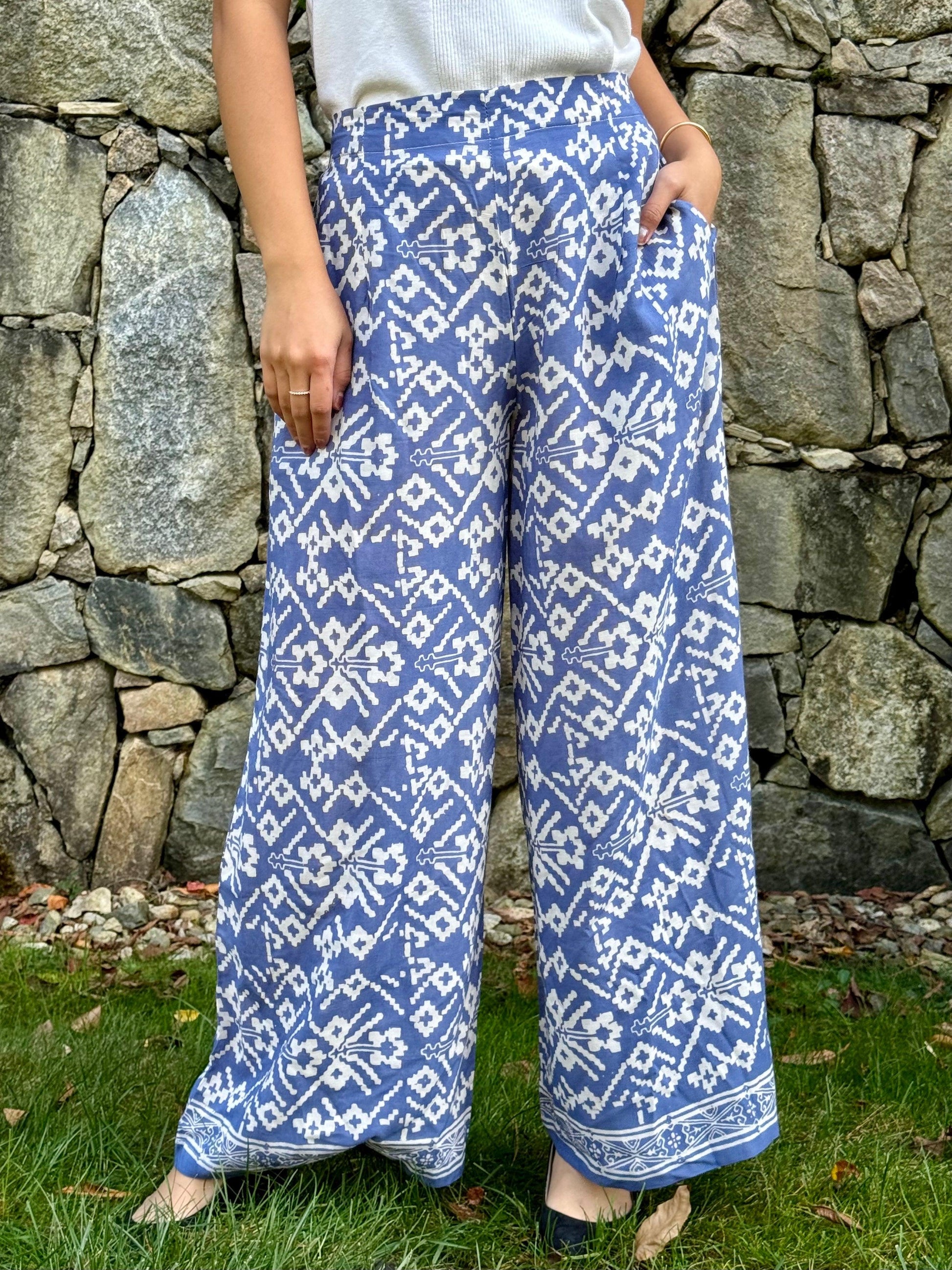 Blue Cotton Boho Geometric Wide Legged Straight Pants | Mutiara Heritage