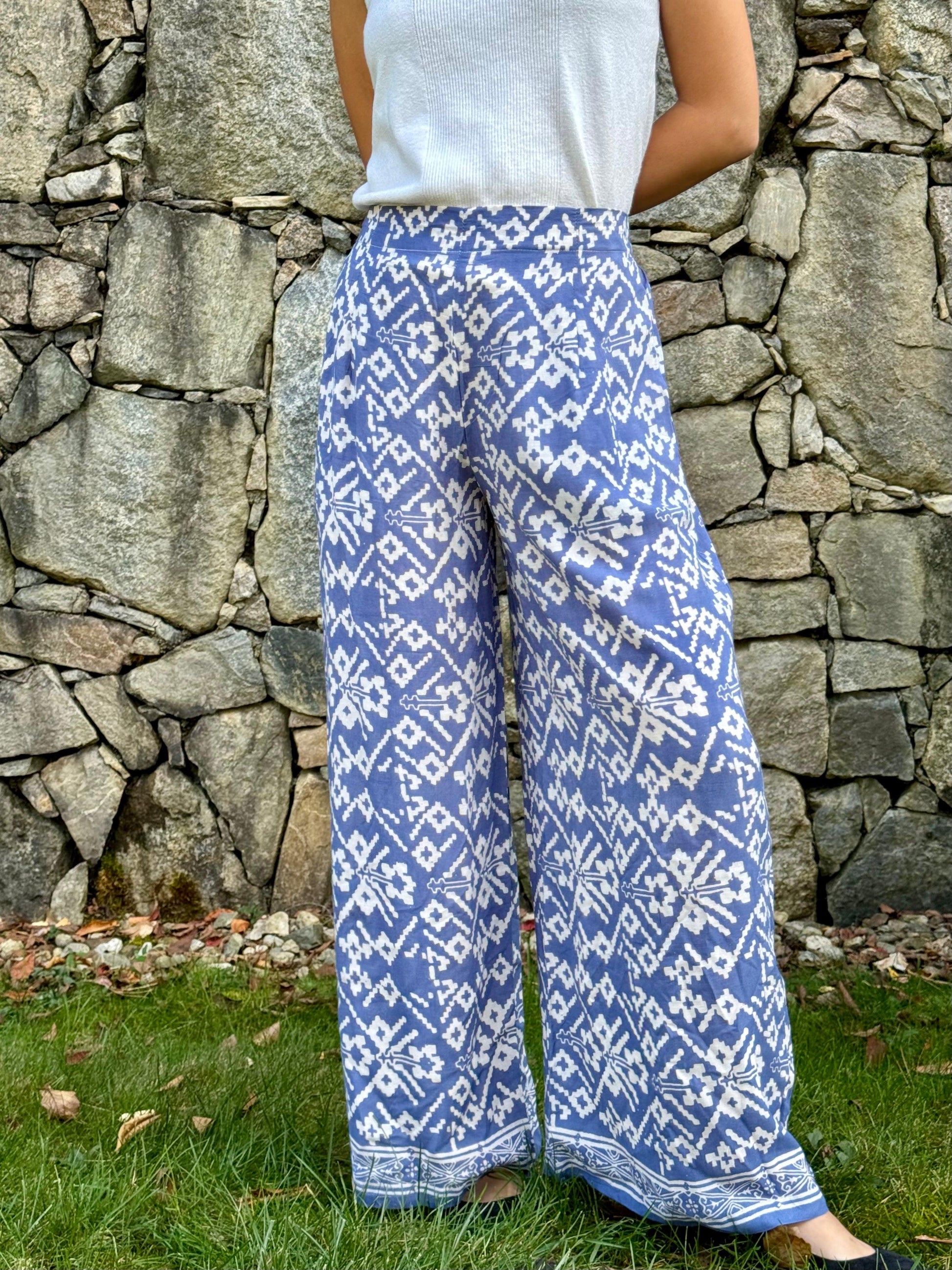 Front Shot of Blue Geometric Boho Pants - Mutiara Heritage