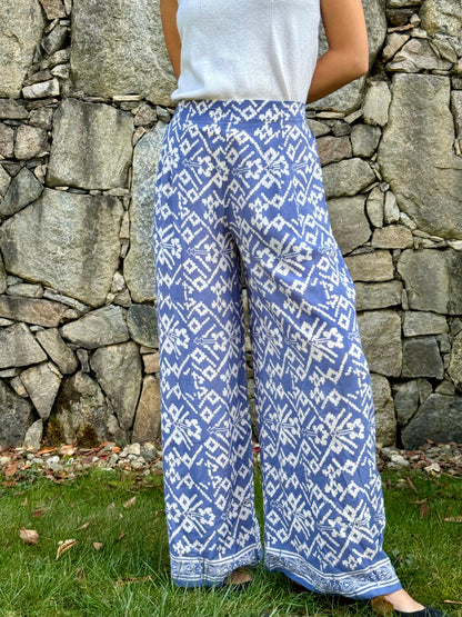 Front Shot of Blue Geometric Boho Pants - Mutiara Heritage