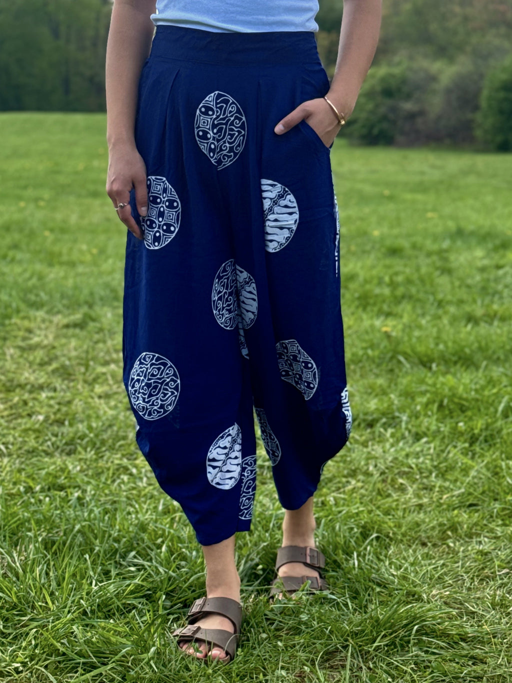 Close up view of Dewi Yoga navy pants 