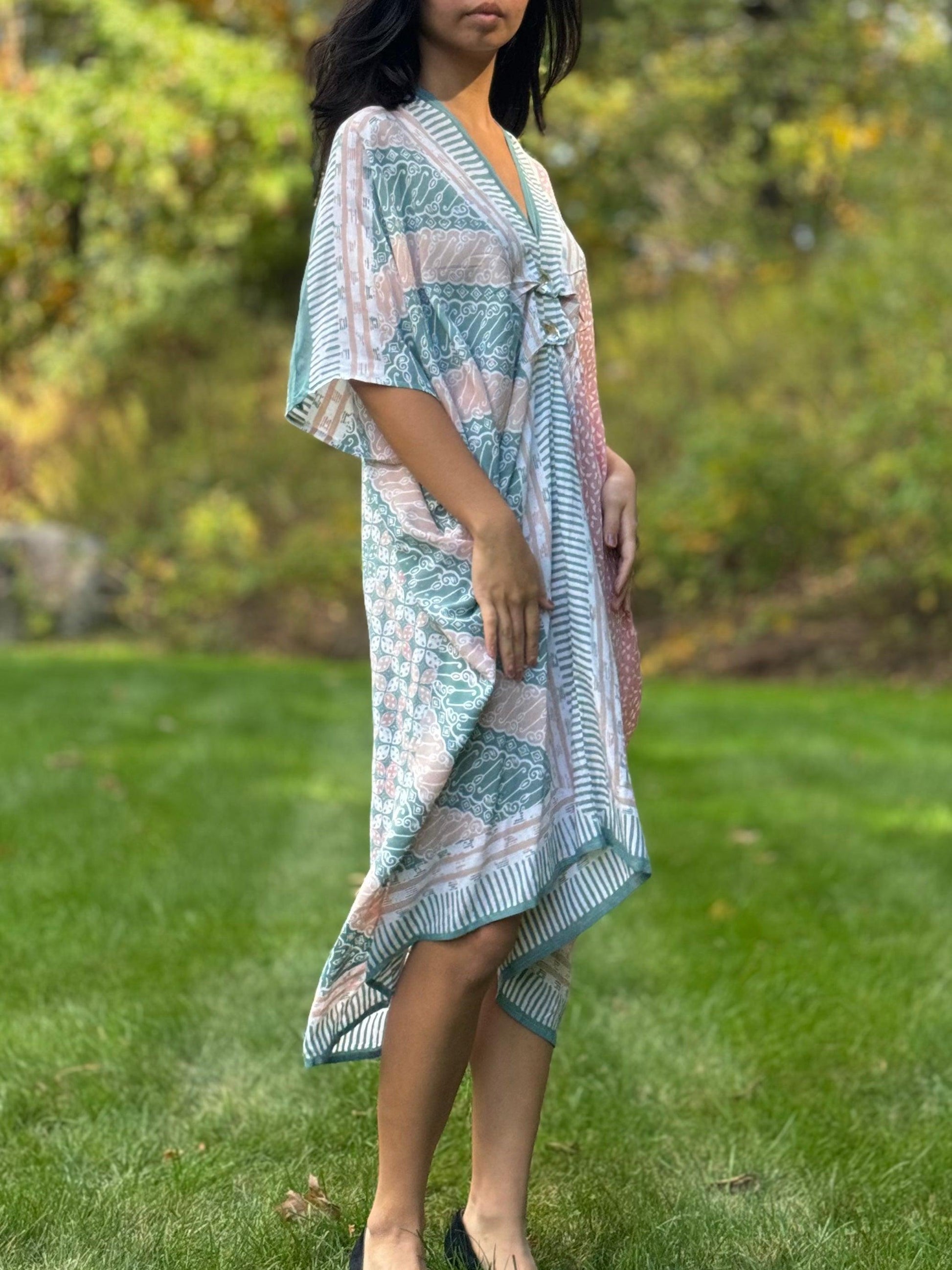 Side Shot of "Coral" Cotton Kaftan Tunic Dress Beach Coverup | Mutiara Heritage