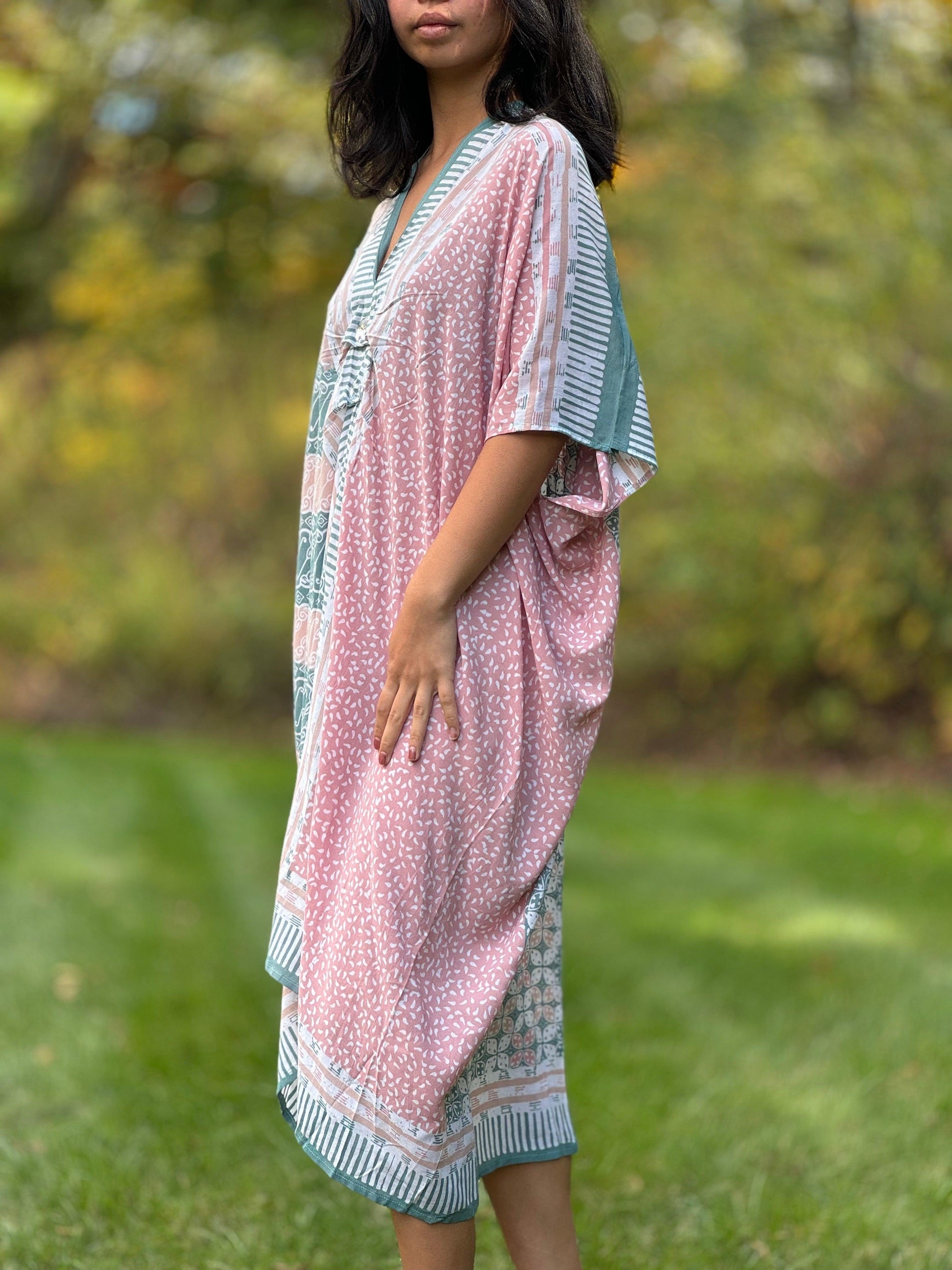 "Coral" Cotton Kaftan Tunic Dress Beach Coverup - Mutiara Heritage