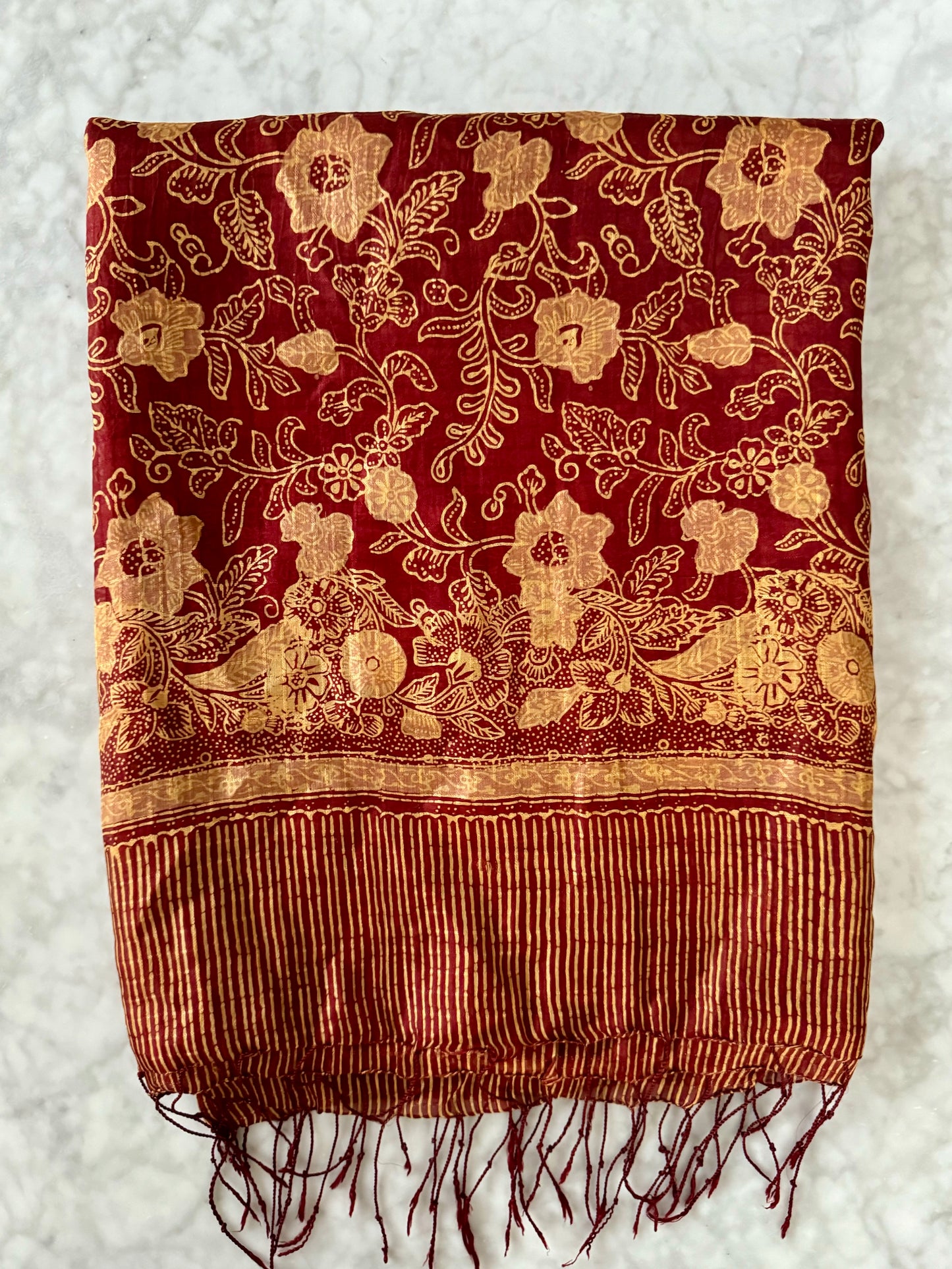 Dark Red Medium Batik Silk Chiffon Scarf Flat Shot | Mutiara Heritage