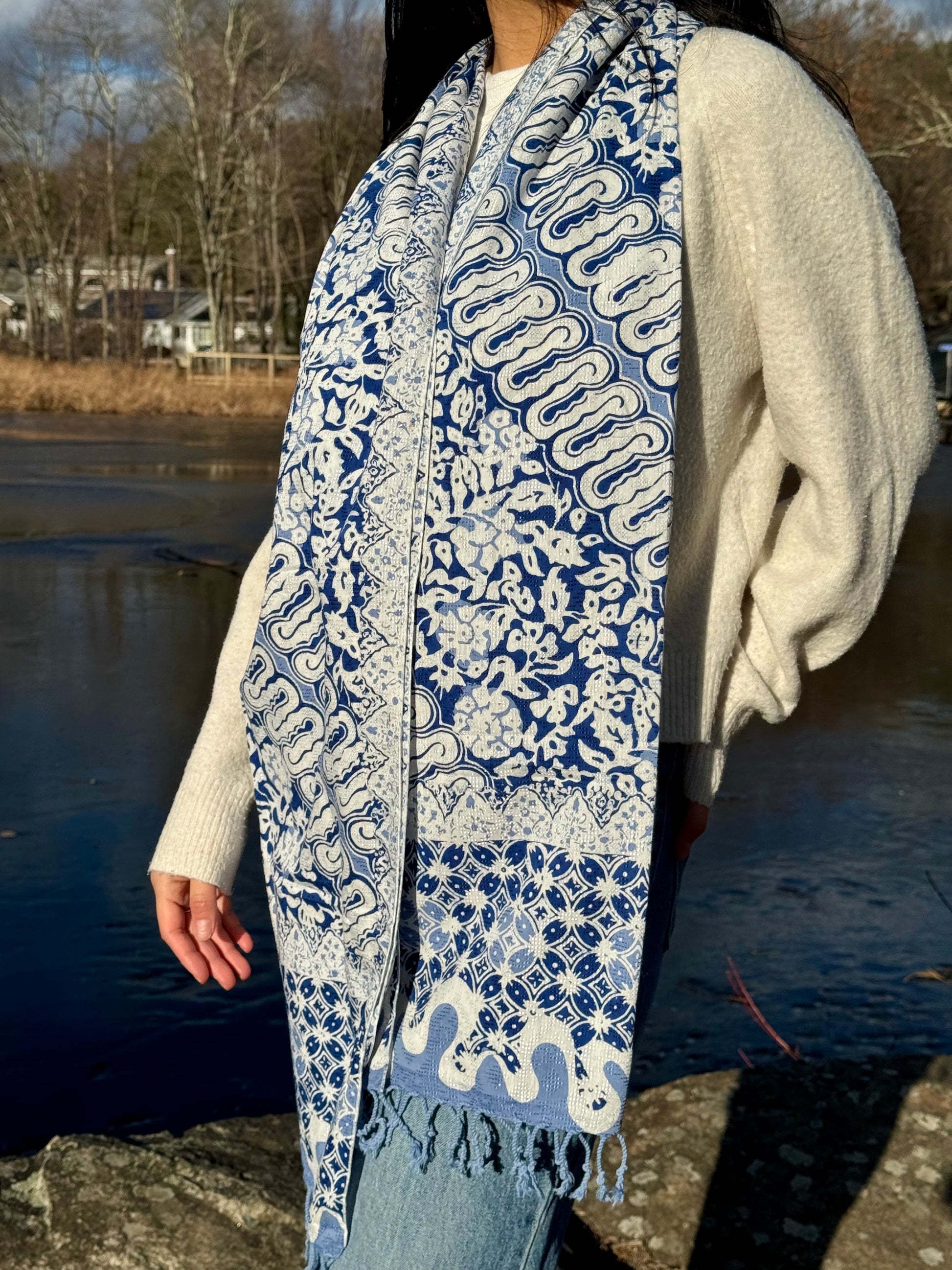 Detailed Shot of Lapis Blue Viscose Batik Scarf | Mutiara Heritage