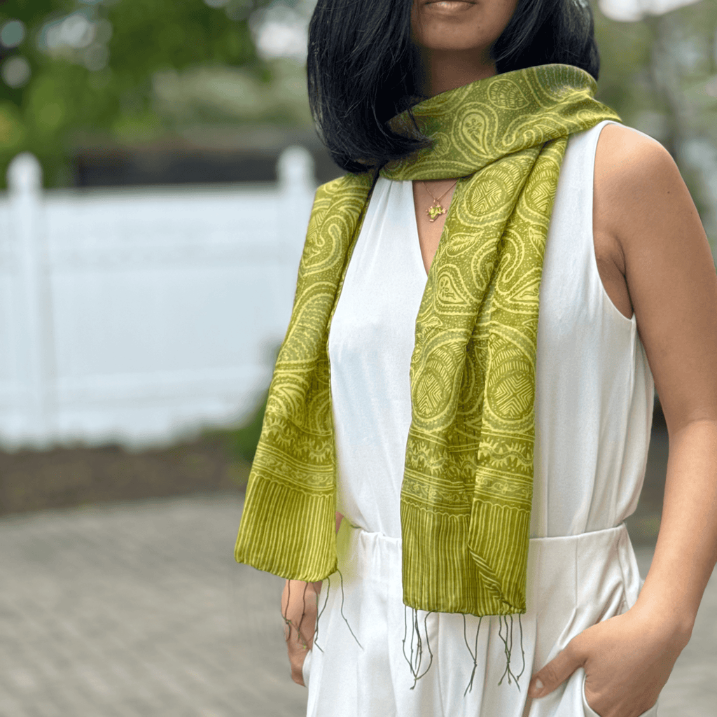 "Forest" Green Silk Scarf Styled Shot - Mutiara Heritage