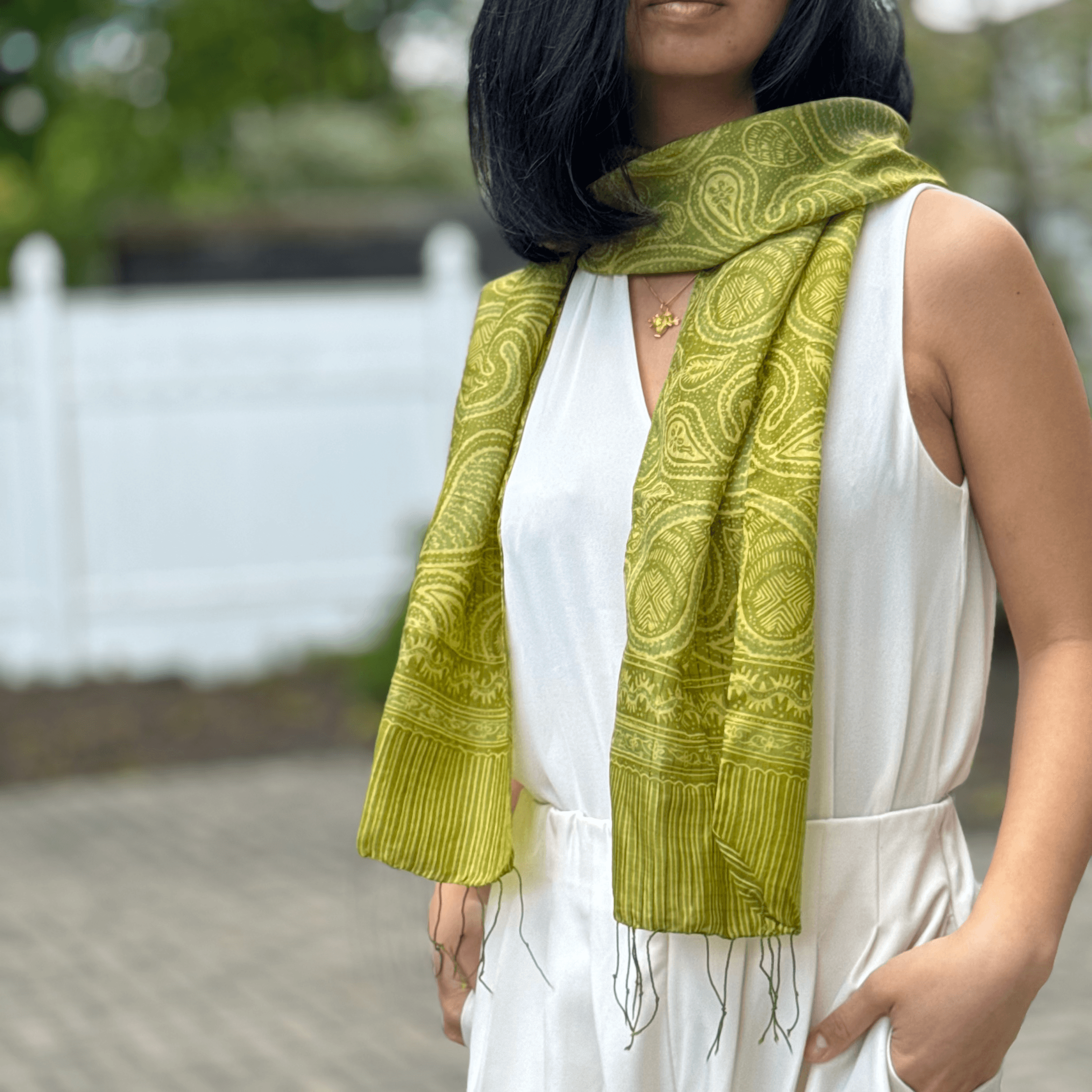 "Forest" Green Silk Scarf Styled Shot - Mutiara Heritage