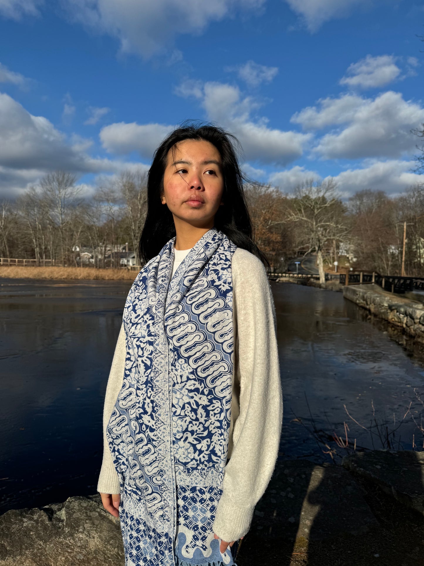 Front Shot of Lapis Blue Viscose Batik Scarf | Mutiara Heritage