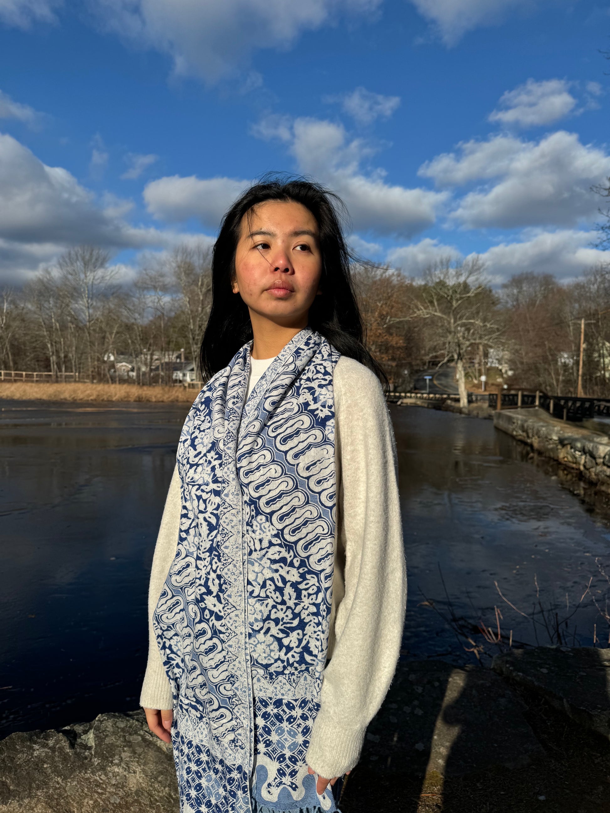 Front Shot of Lapis Blue Viscose Batik Scarf | Mutiara Heritage