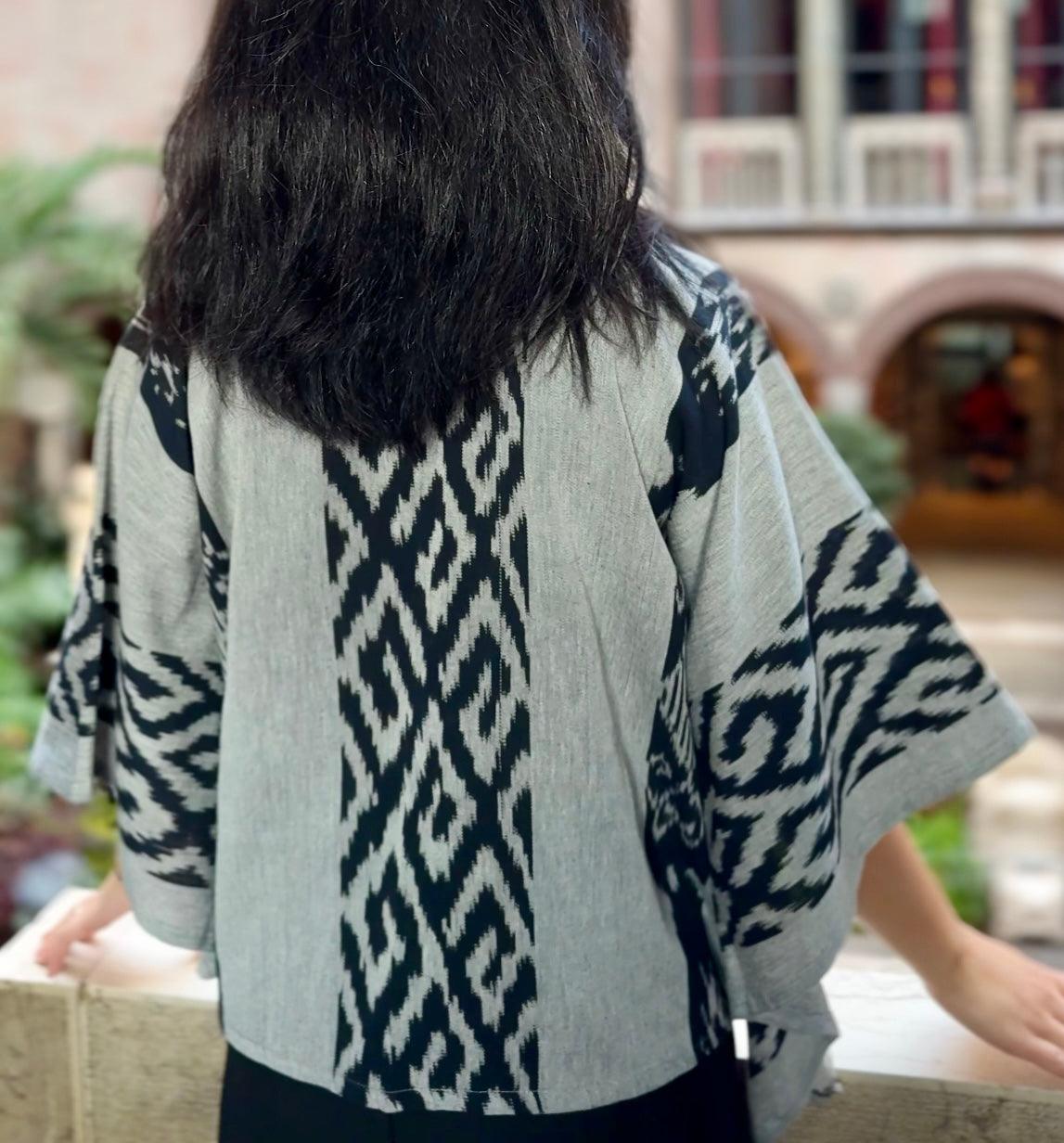 Back Shot of Gray Cotton Woven Kimono Wrap Top - Mutiara Heritage