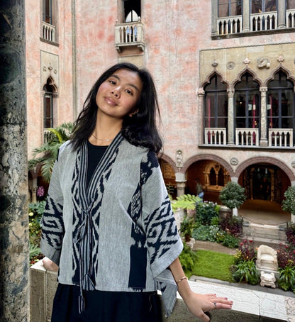 Gray Cotton Woven Kimono Wrap Top with Tie Front - Mutiara Heritage