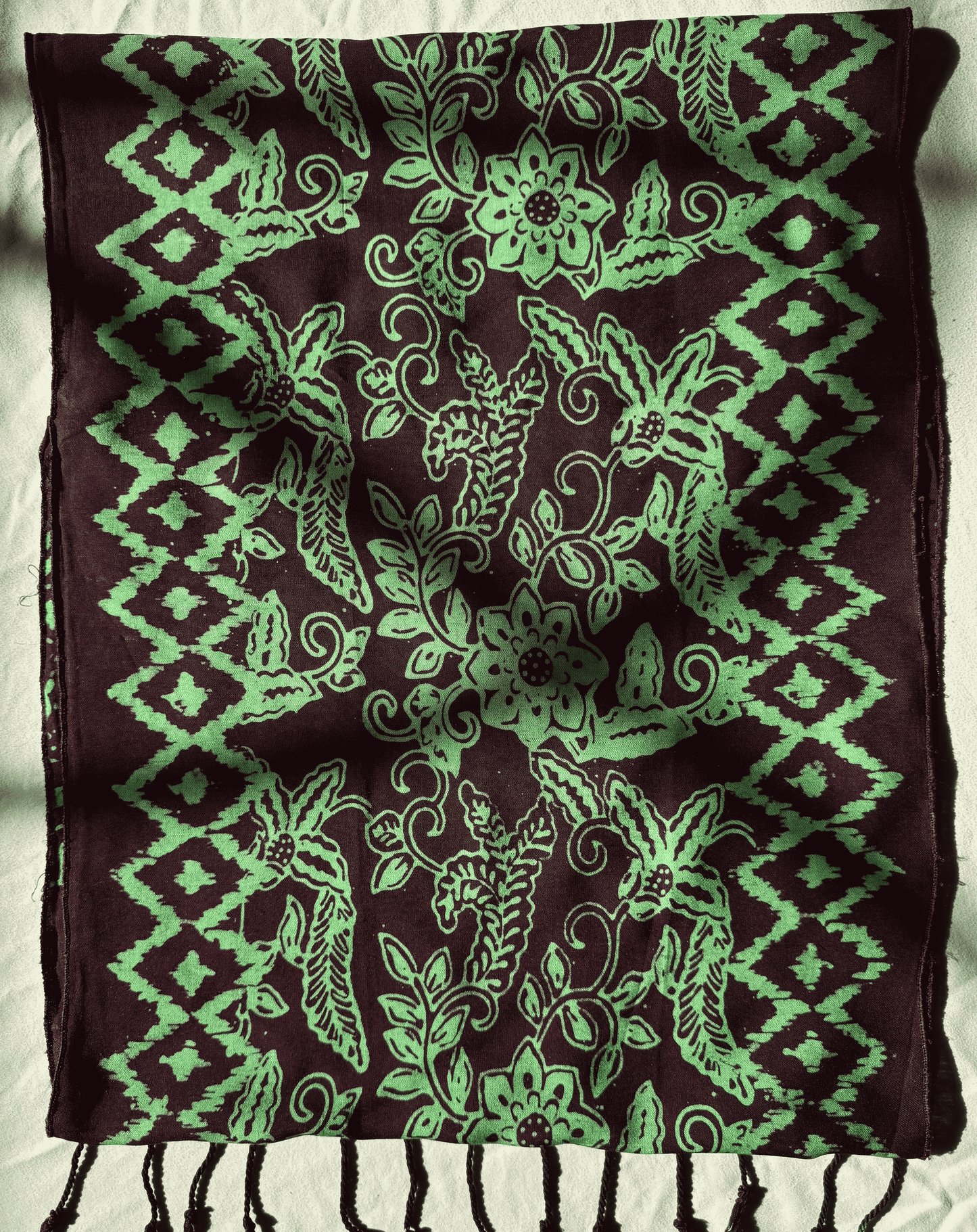 Flat Shot of Green Flower and Geometric Batik Patterned Cotton Scarf - Mutiara Heritage