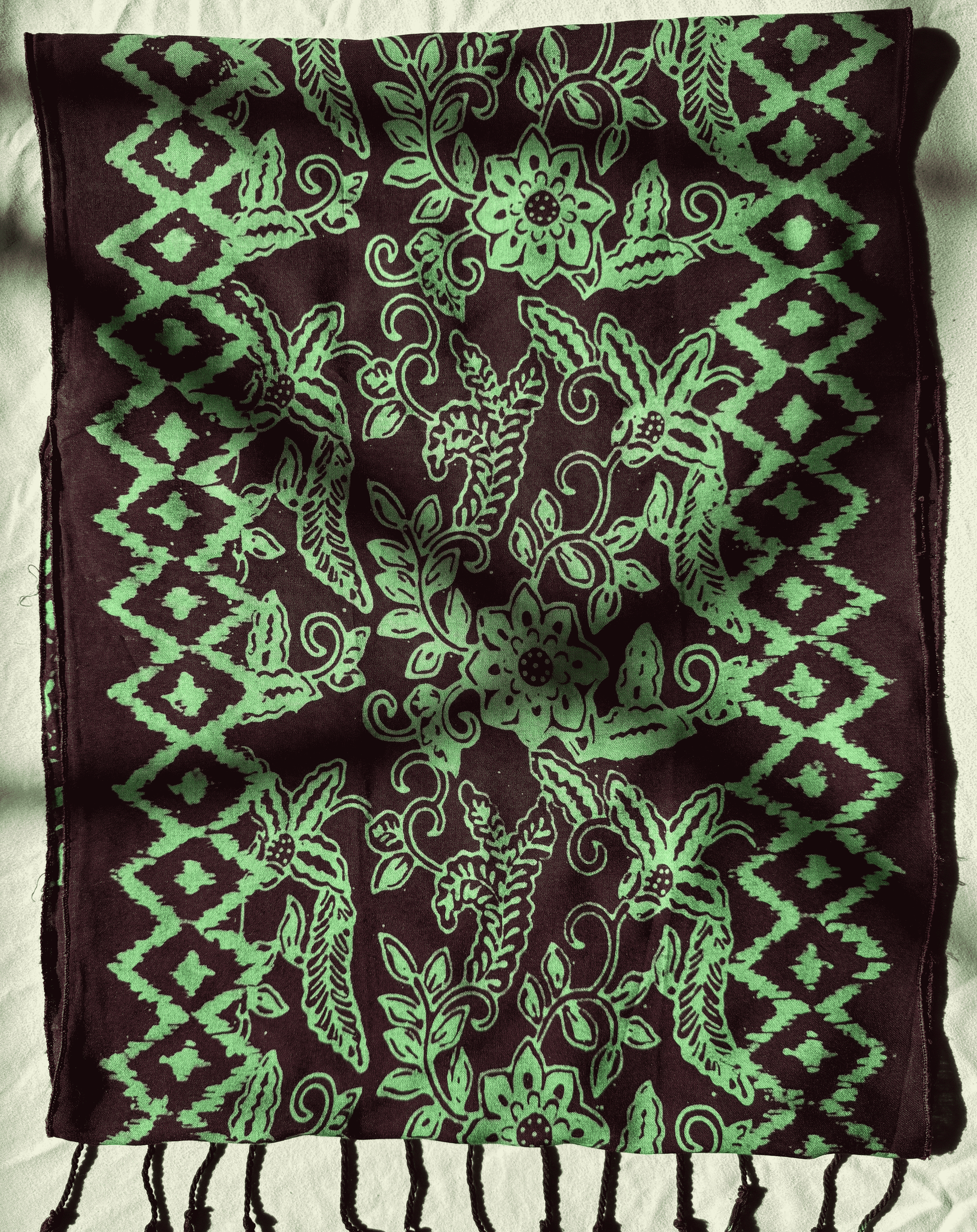 Flat Shot of Green Flower and Geometric Batik Patterned Cotton Scarf - Mutiara Heritage