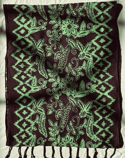 Flat Shot of Green Flower and Geometric Batik Patterned Cotton Scarf - Mutiara Heritage