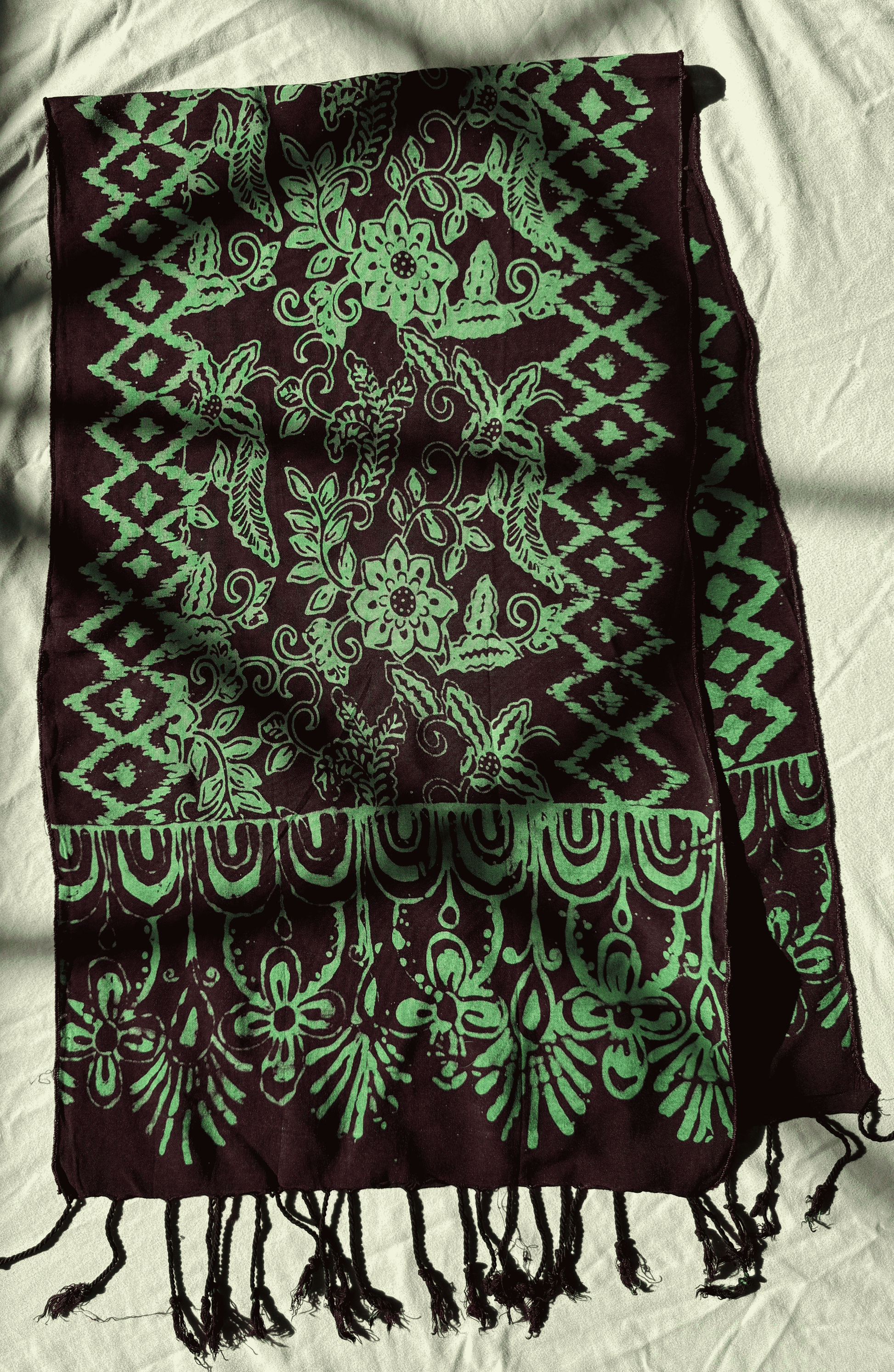 Flat Shot of Green Flower and Geometric Batik Patterned Cotton Scarf - Mutiara Heritage