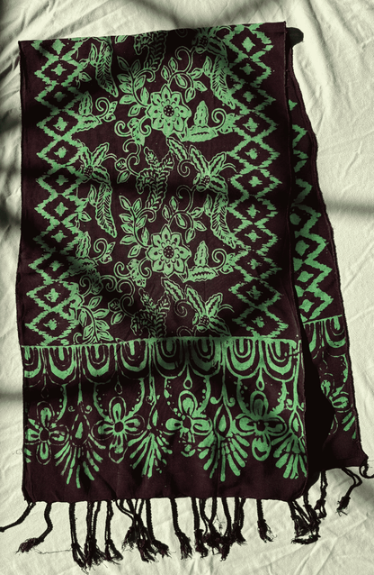 Flat Shot of Green Flower and Geometric Batik Patterned Cotton Scarf - Mutiara Heritage