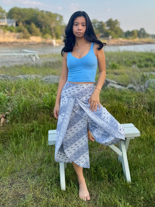 Front view of blue-patterned Hanna Capri Pants with Wrap style slit design 