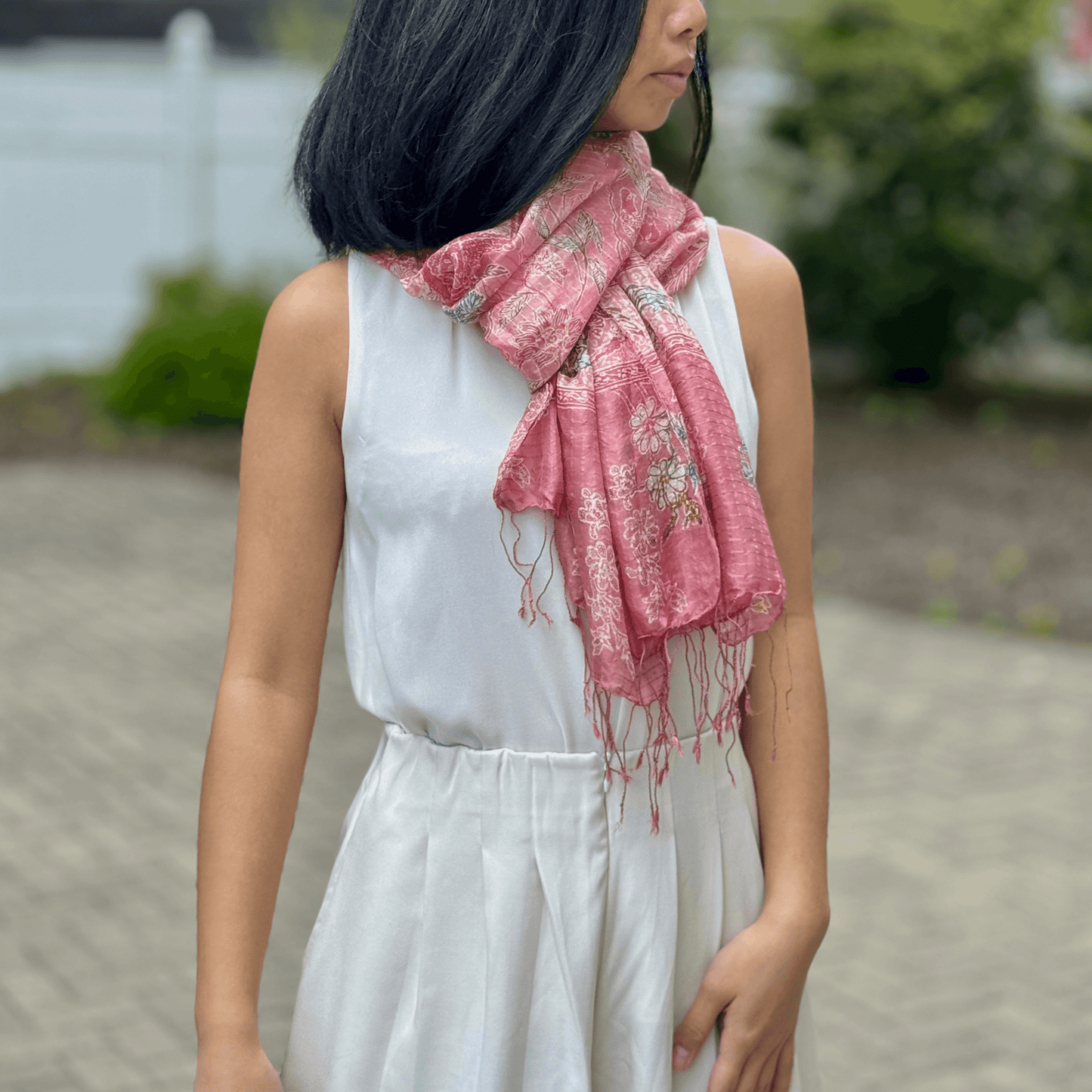 Styled Shot of "Hibiscus" Pink Silk Scarf - Mutiara Heritage