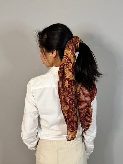 Dark Red  Medium Batik Silk Chiffon Scarf Worn | Mutiara Heritage