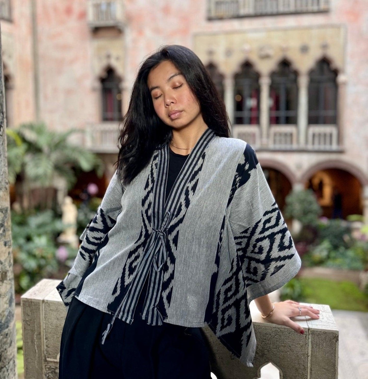 Gray Cotton Woven Kimono Wrap Top - Mutiara Heritage