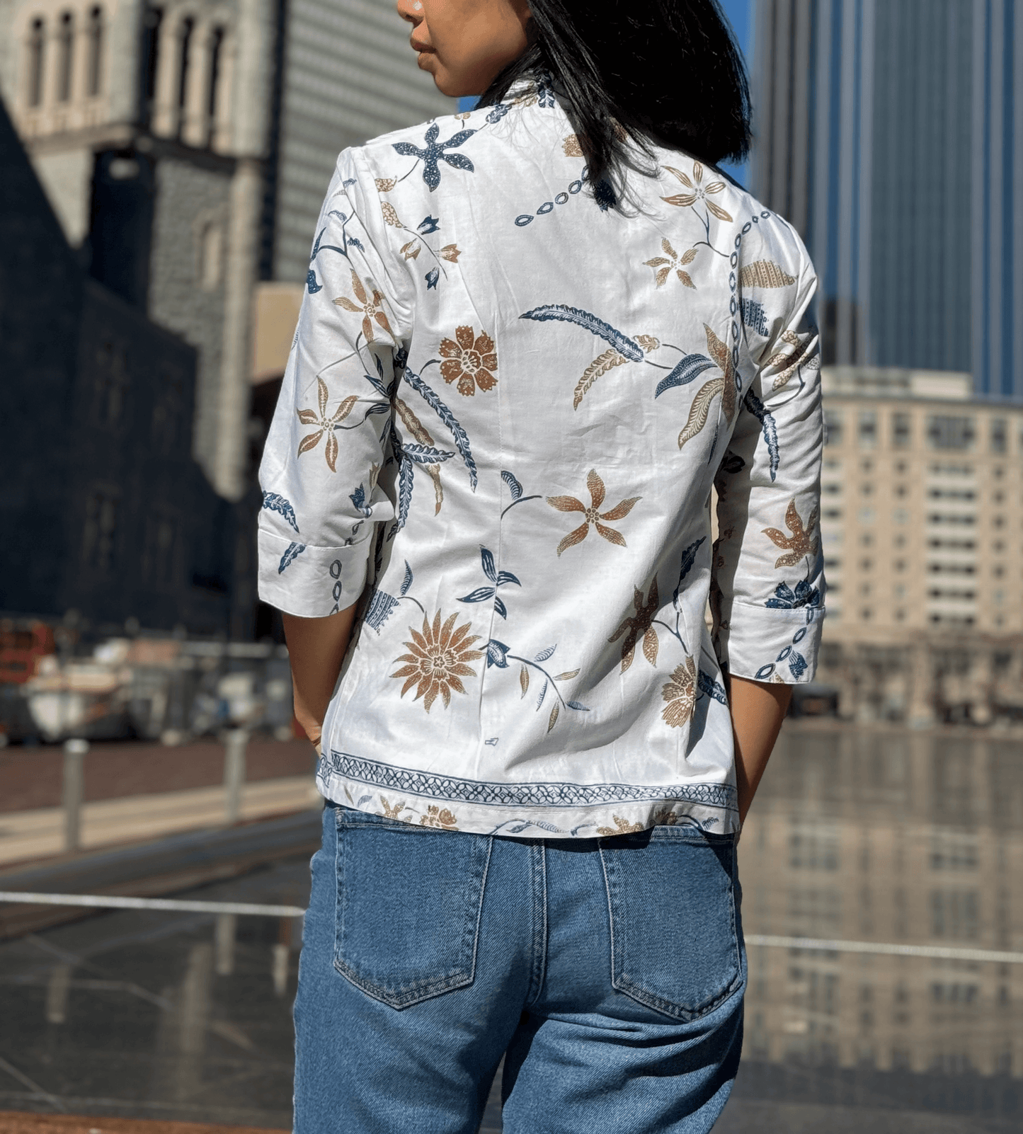 Amaya Batik White Shirt with Blue and Brown Accent Color Back Shot | Mutiara Heritage