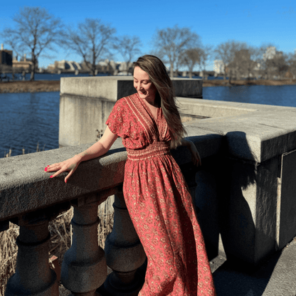 Pink Flora Boho Maxi Dress with Plunging Neckline - Mutiara Heritage