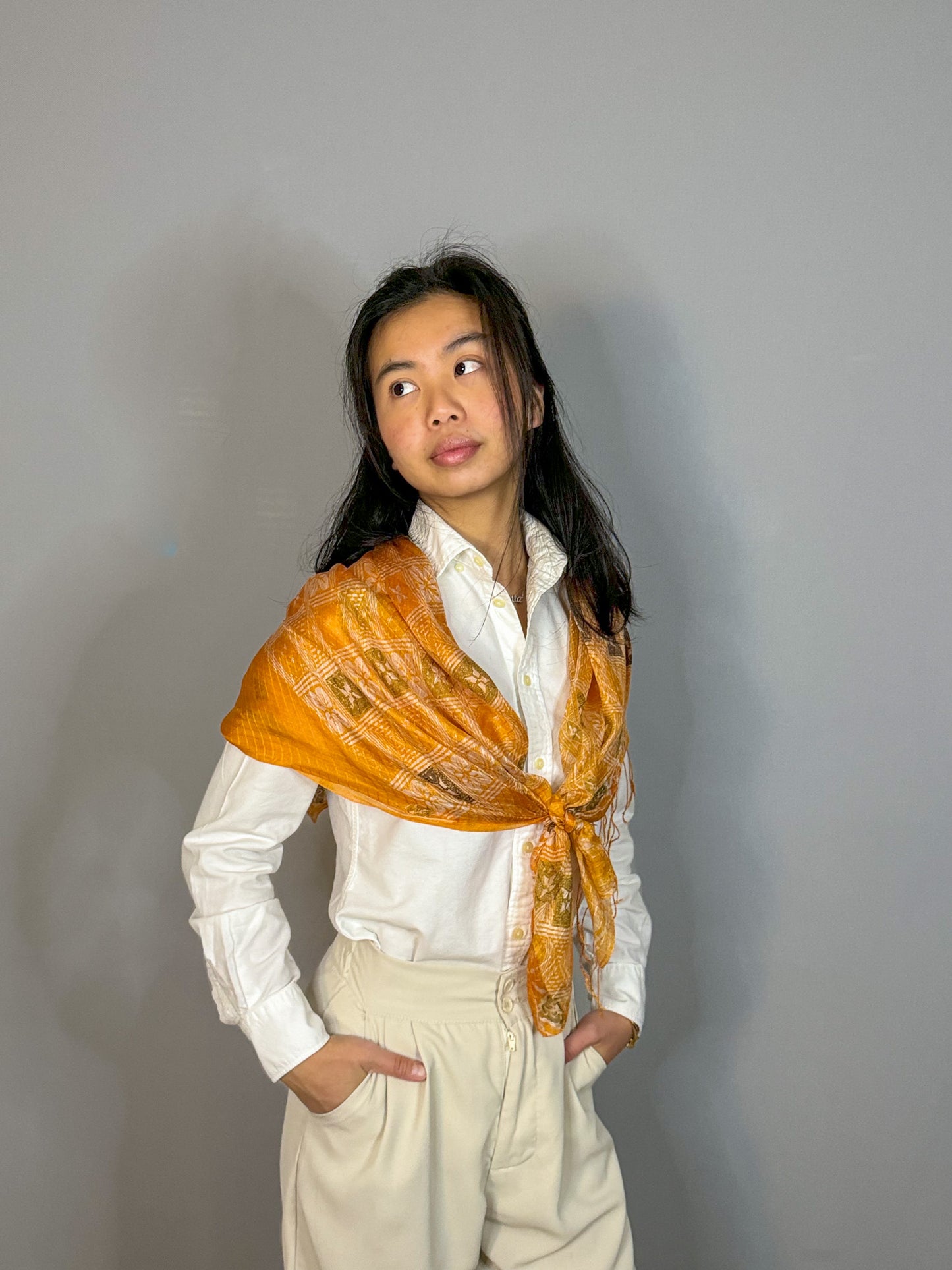 Orange Silk Chiffon Scarf Hand Stamped Batik Worn| Mutiara Heritage