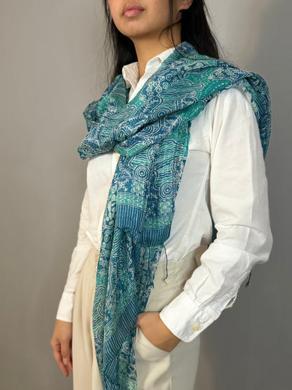 Blue Medium Batik Silk Chiffon Scarf Worn | Mutiara Heritage