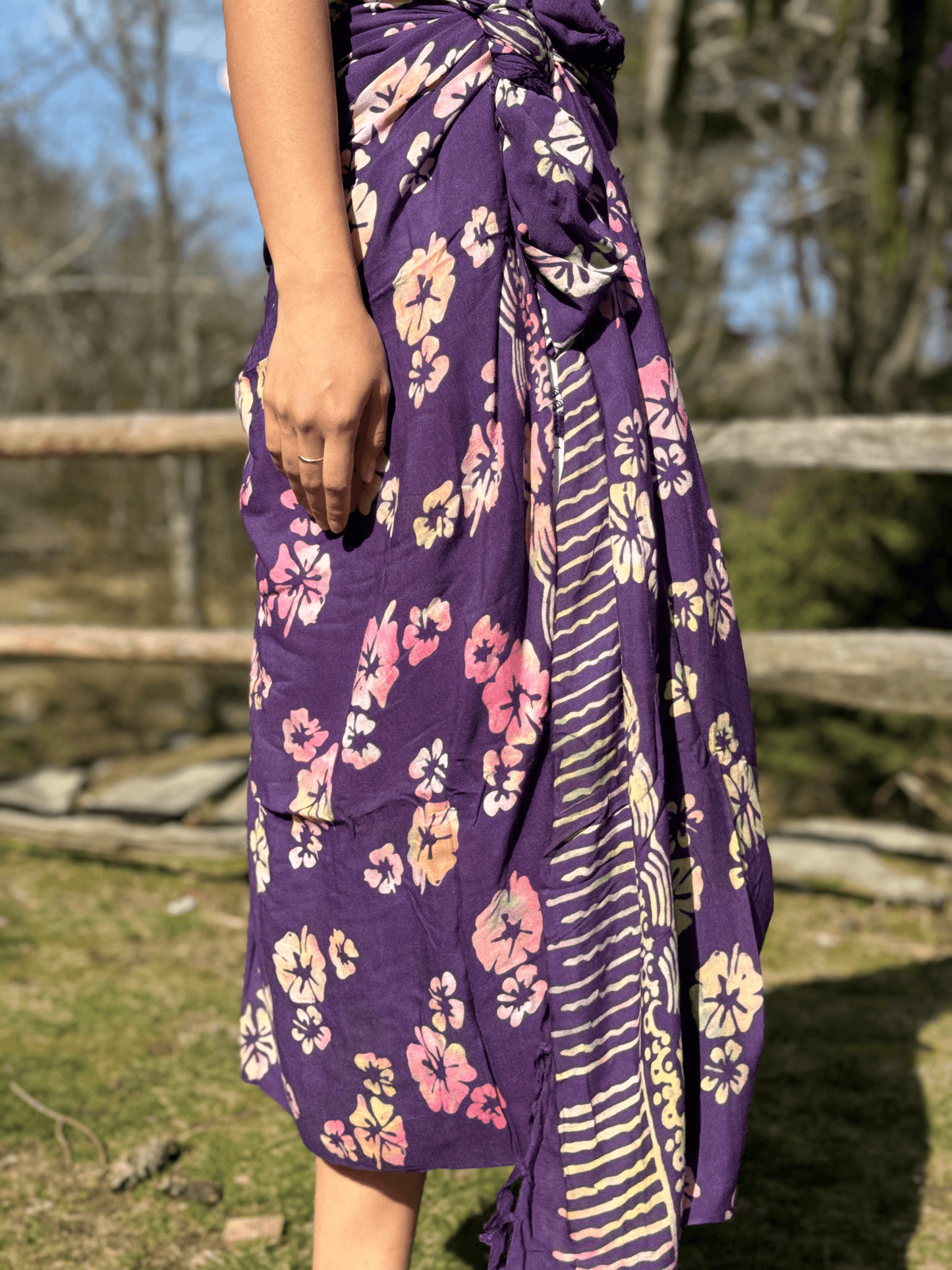 Purple Bali Sarong styled as a skirt 