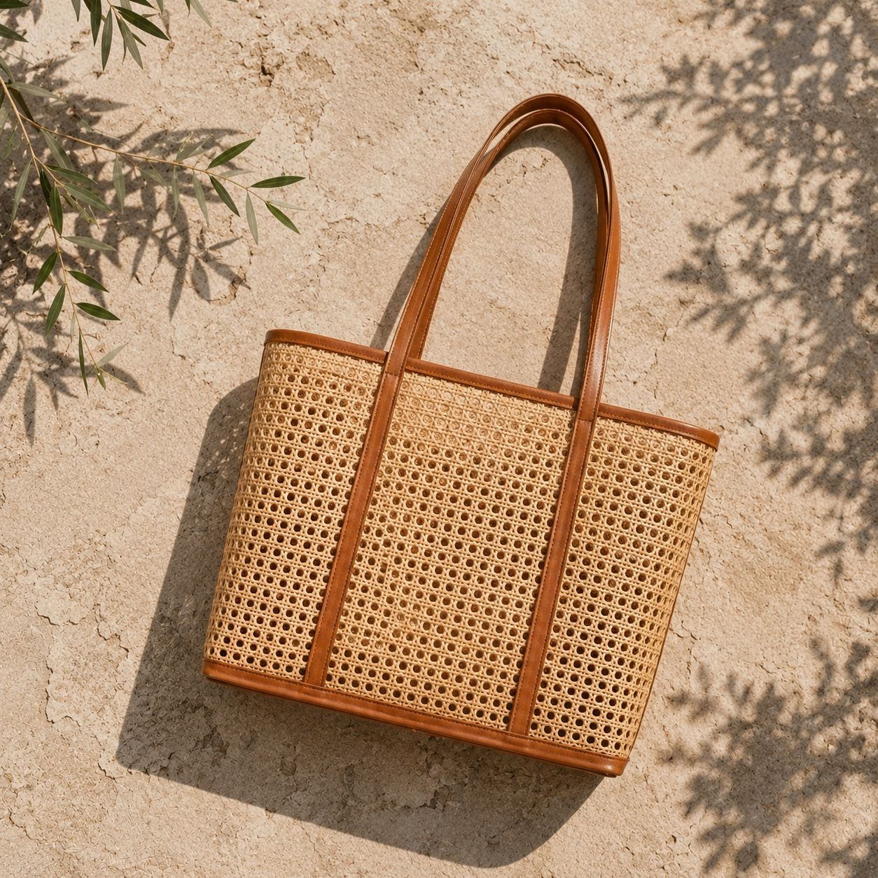 Woven handbag with brown leather accents on a textured stone surface