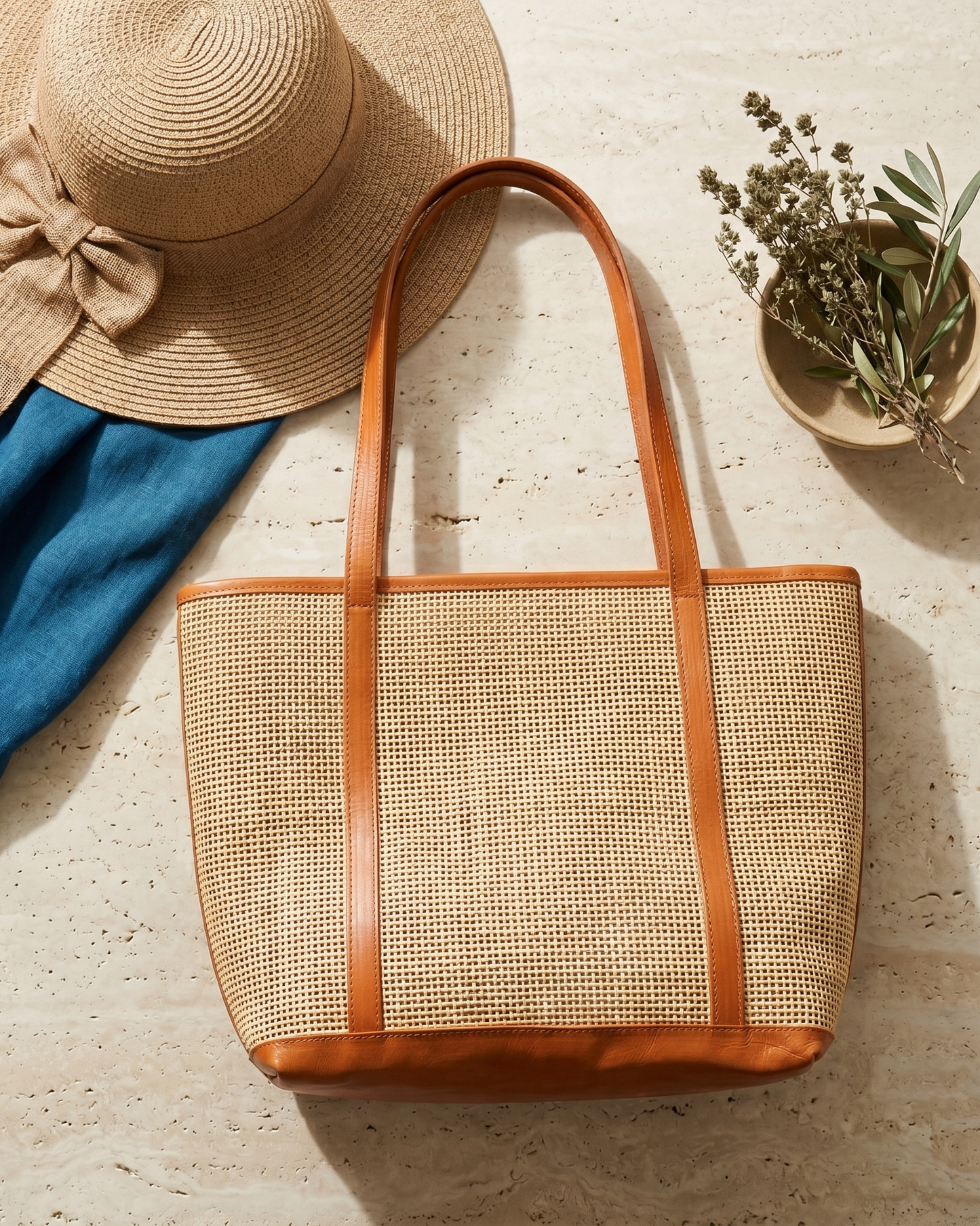 Paula Large Rattan Woven Tote Bag with Leather Trim
