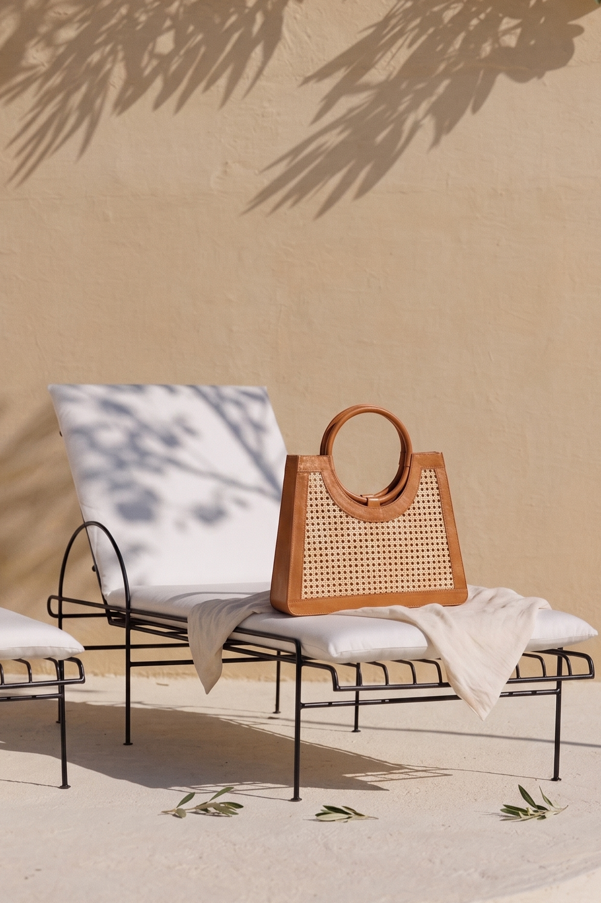 Brown rattan woven handbag on a stone surface with a blurred natural background