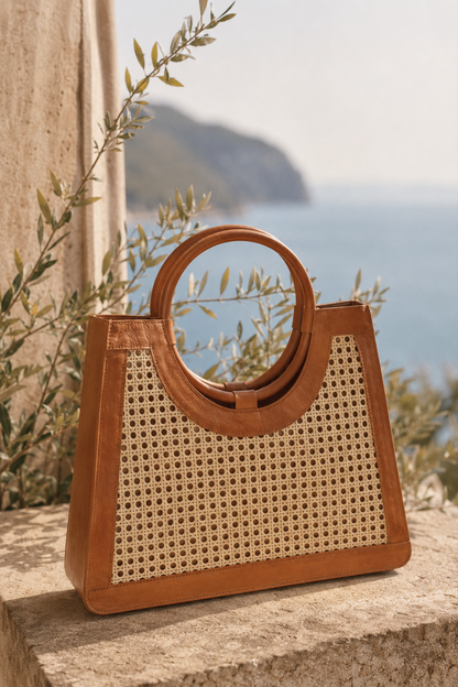 Brown rattan woven handbag on a stone surface with a blurred natural background