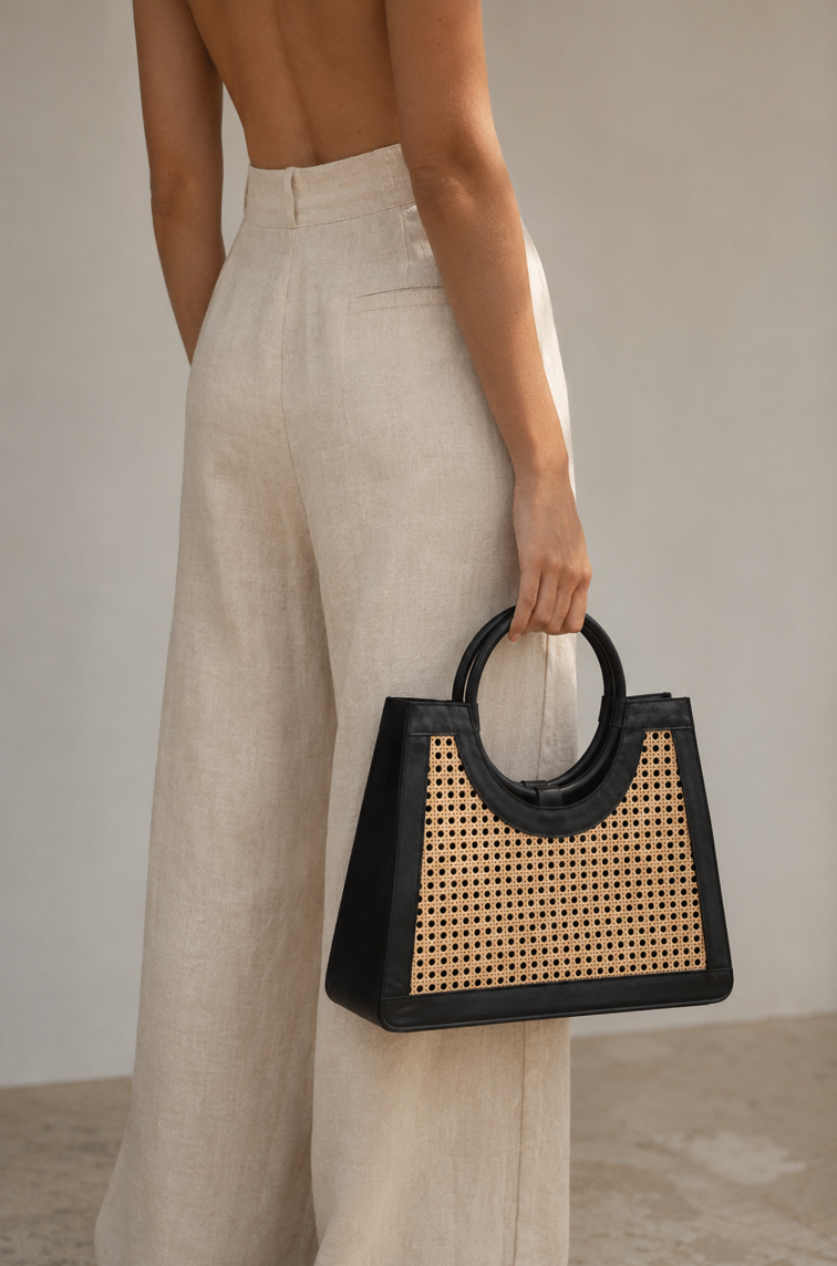 Model holding a black rattan handbag  against a neutral background