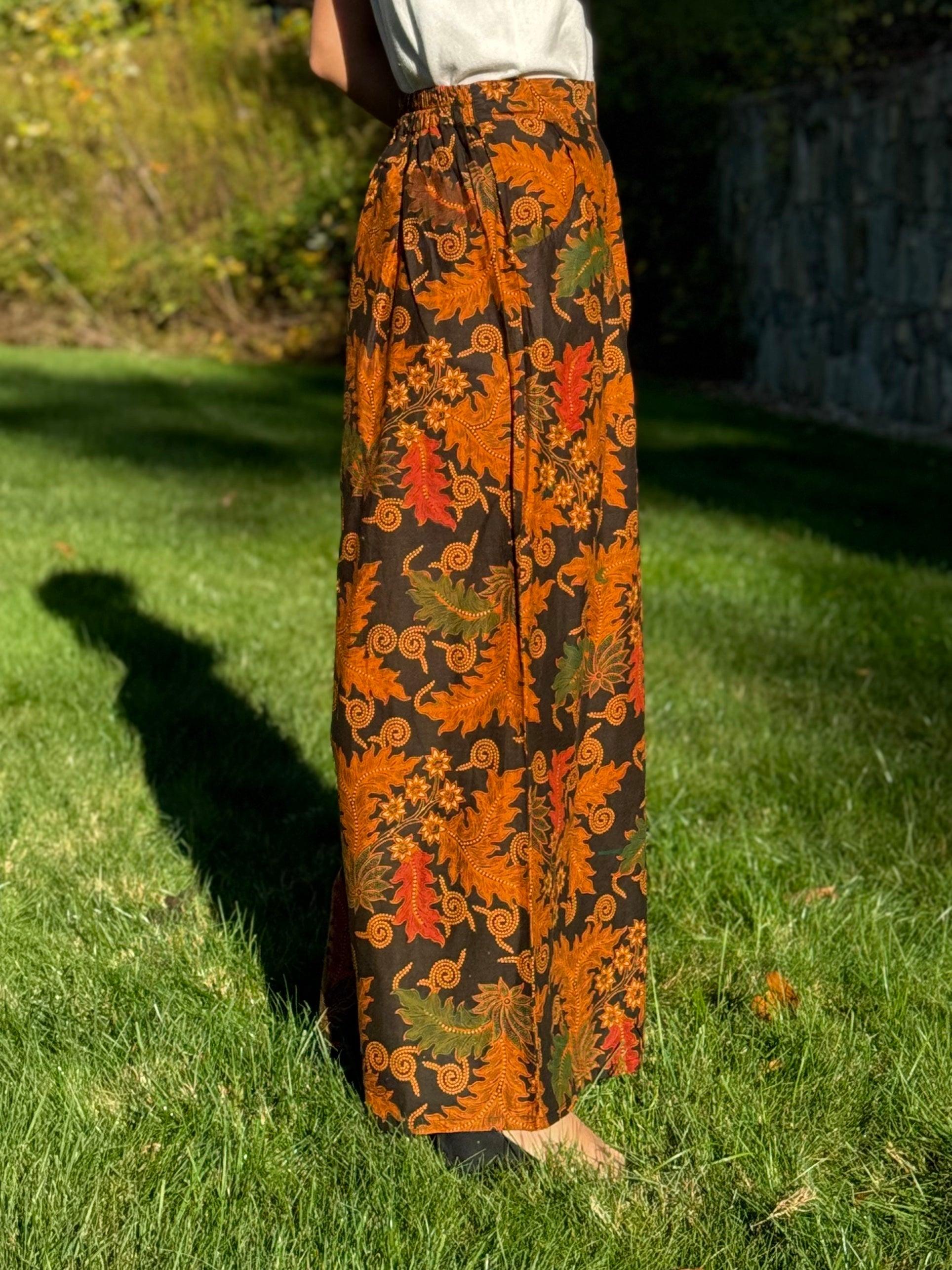 "Leaves" Orange Culotte Batik Pants Side Profile- Mutiara Heritage